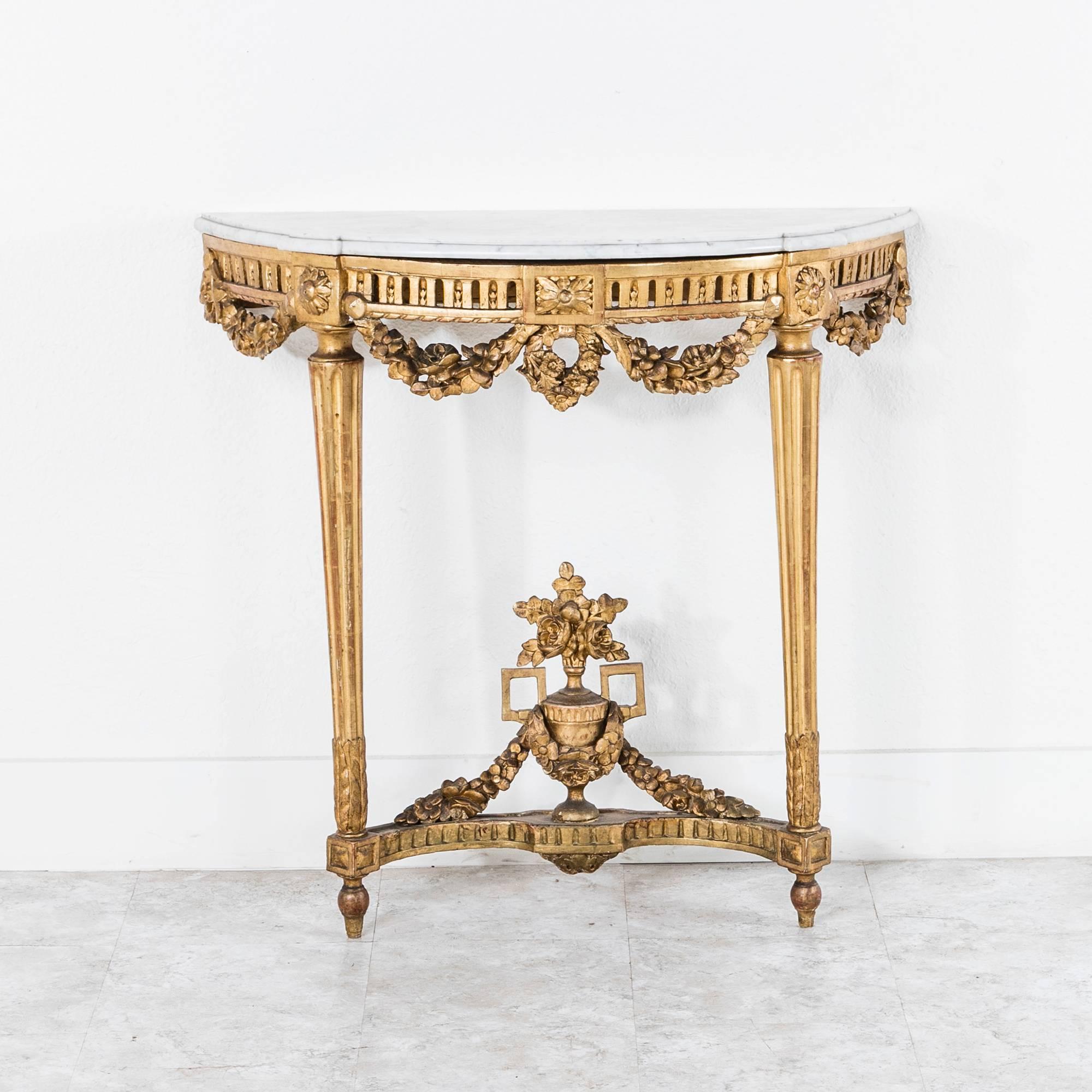 French Fine 18th Century Period Louis XVI Giltwood Console with Garland, White Marble