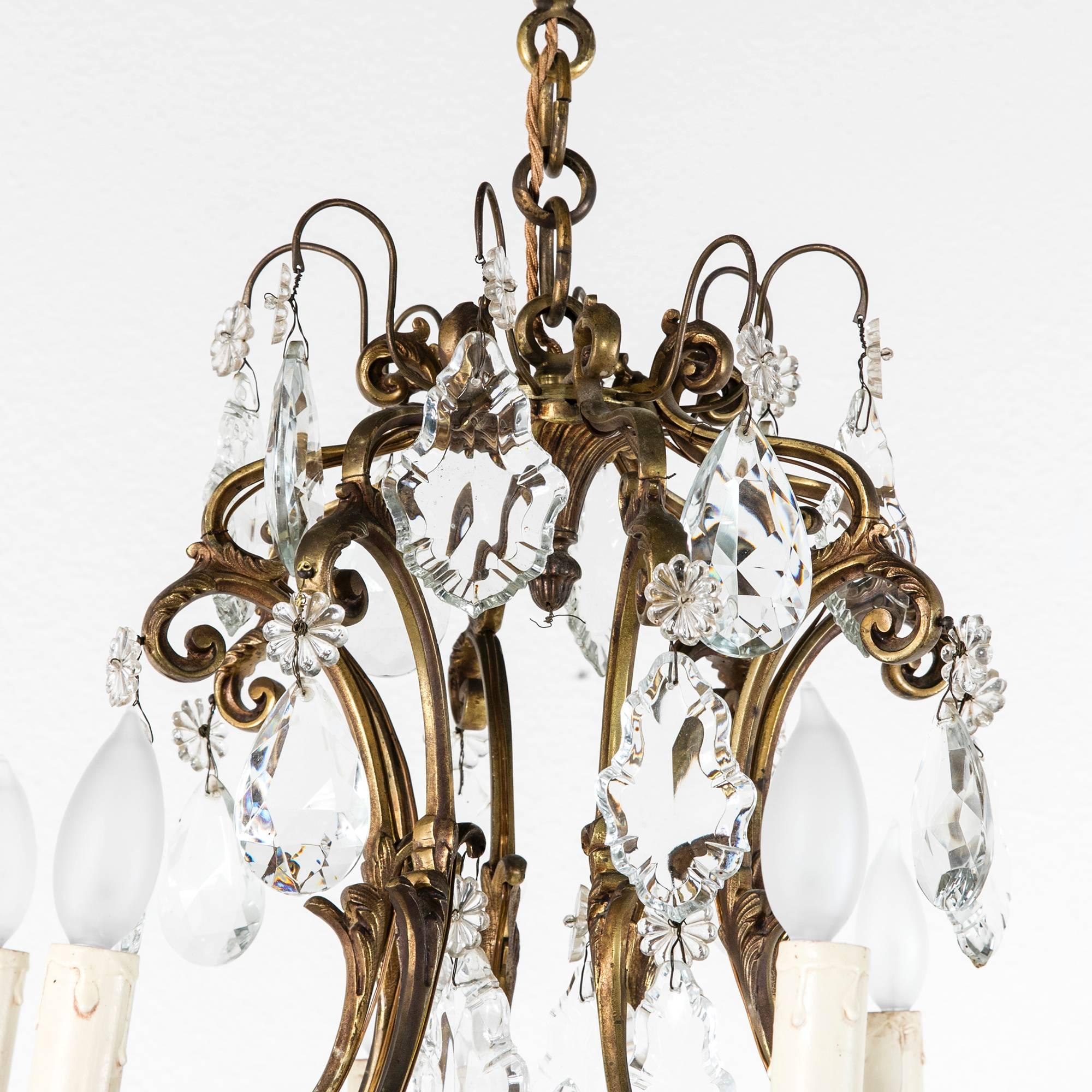 Large Mid-Century French Crystal and Bronze Chandelier with Eight Lights 1