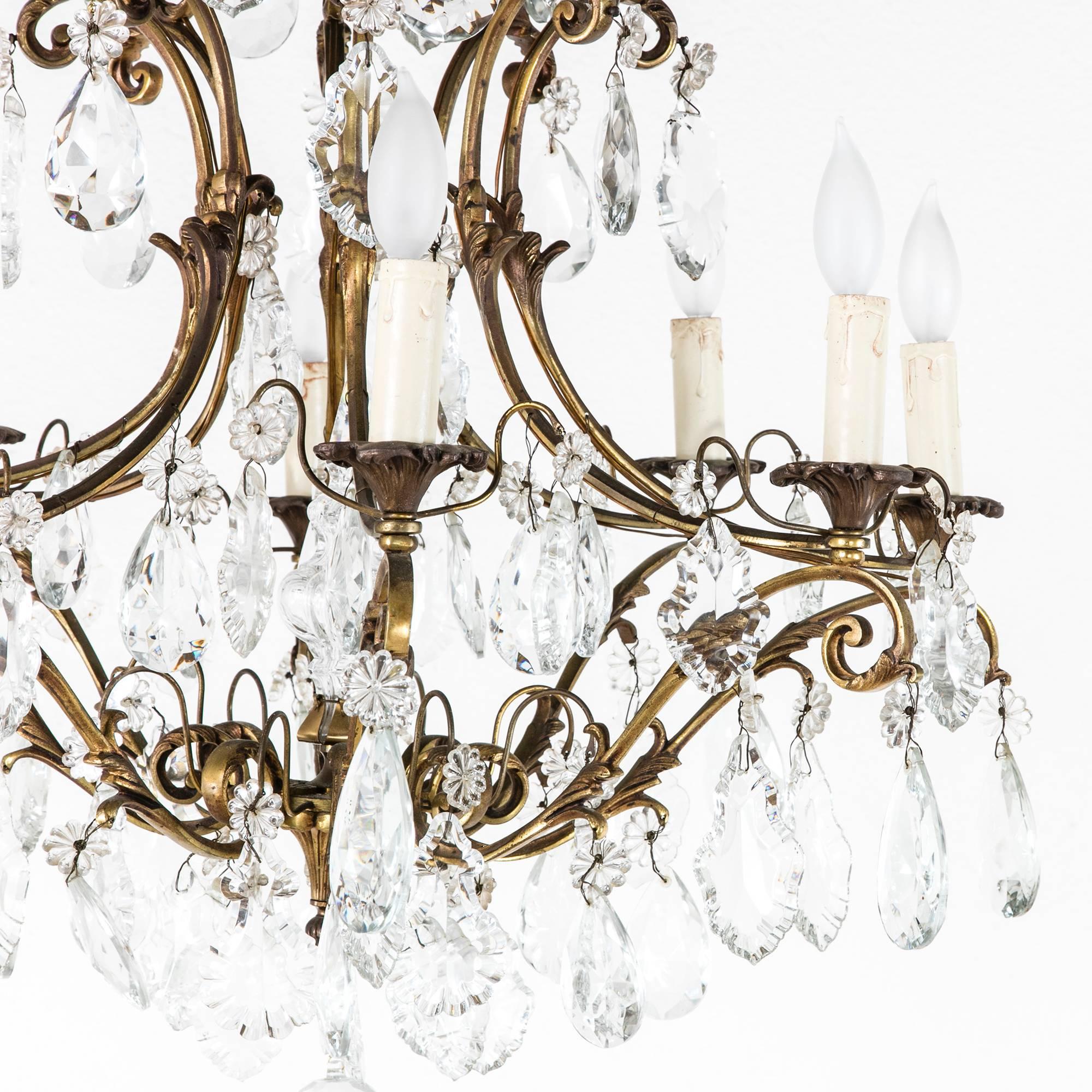 Large Mid-Century French Crystal and Bronze Chandelier with Eight Lights 2