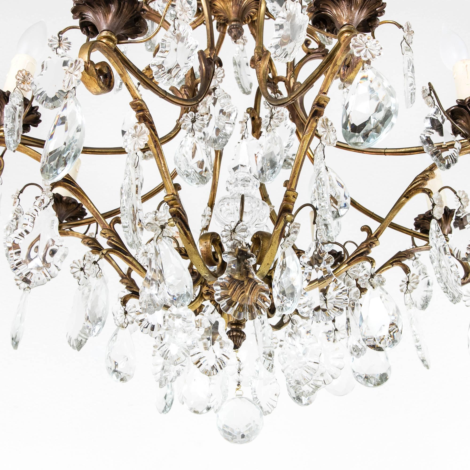 Large Mid-Century French Crystal and Bronze Chandelier with Eight Lights In Excellent Condition In Fayetteville, AR