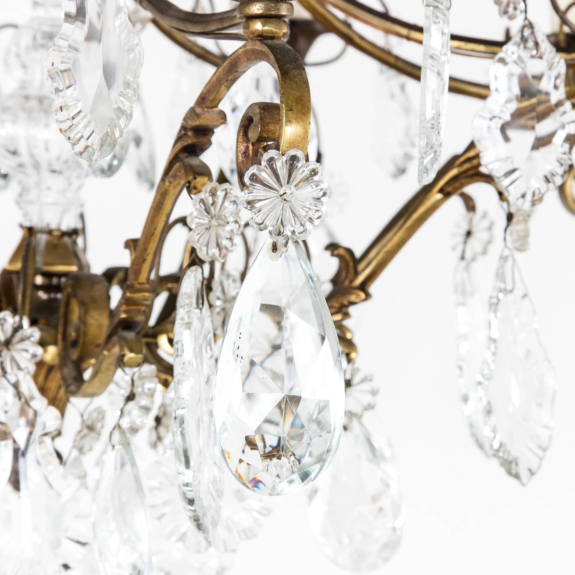 20th Century Large Mid-Century French Crystal and Bronze Chandelier with Eight Lights