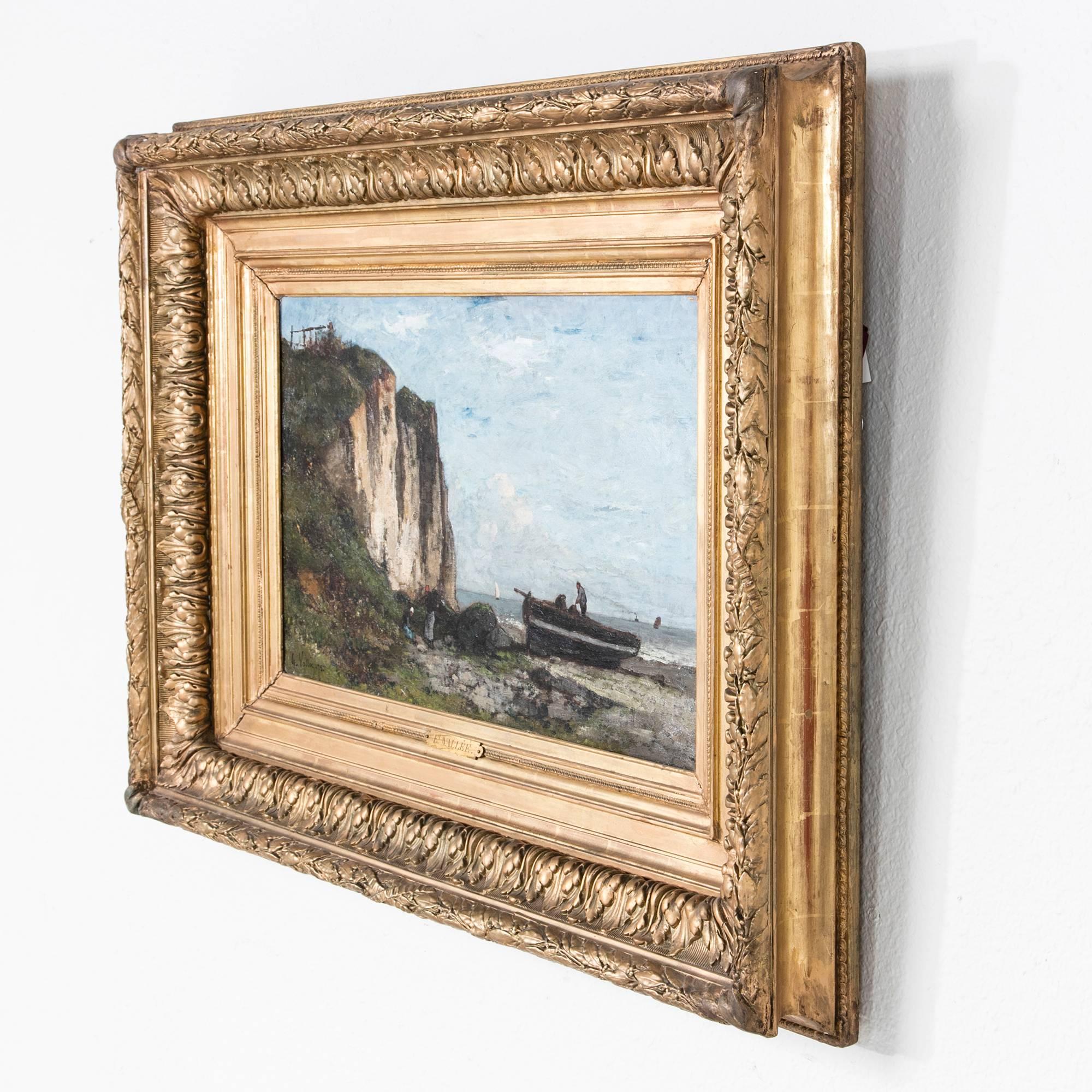 French 19th Century Oil on Canvas Cliffside Seascape by Etienne Vallee in Museum Frame