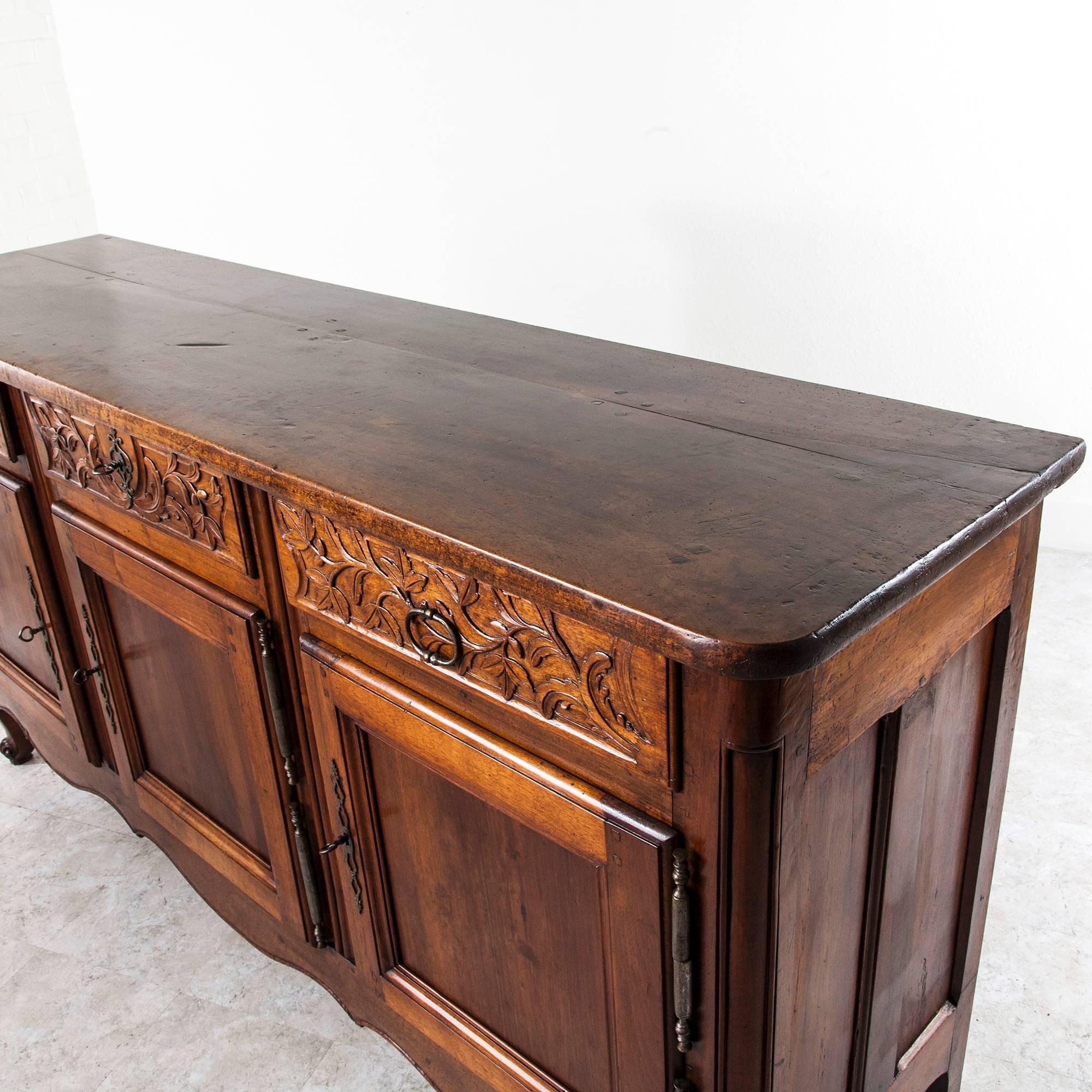 French 18th Century Buffet of Exceptional Thick Hand-Carved Solid Walnut