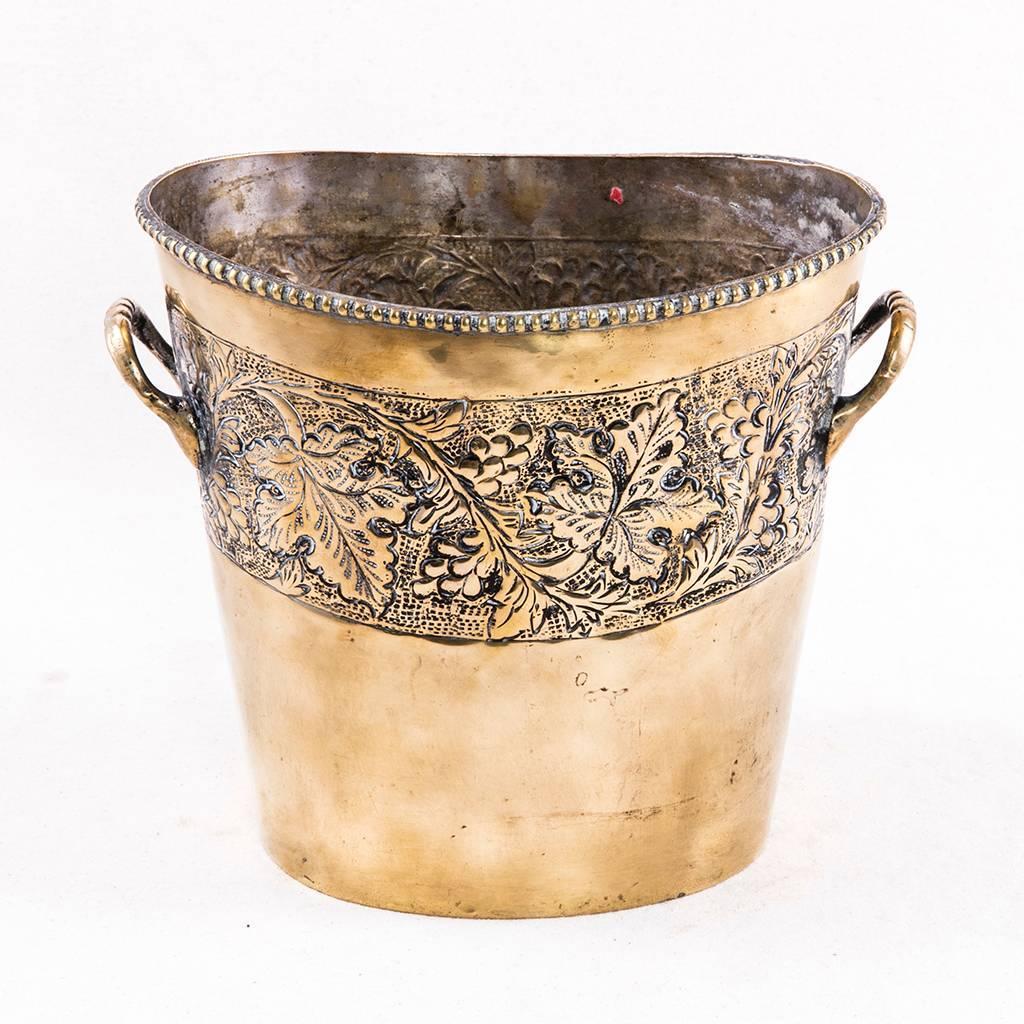 Antique French Bronze Oval Champagne Bucket with Grape Leaves Motif at