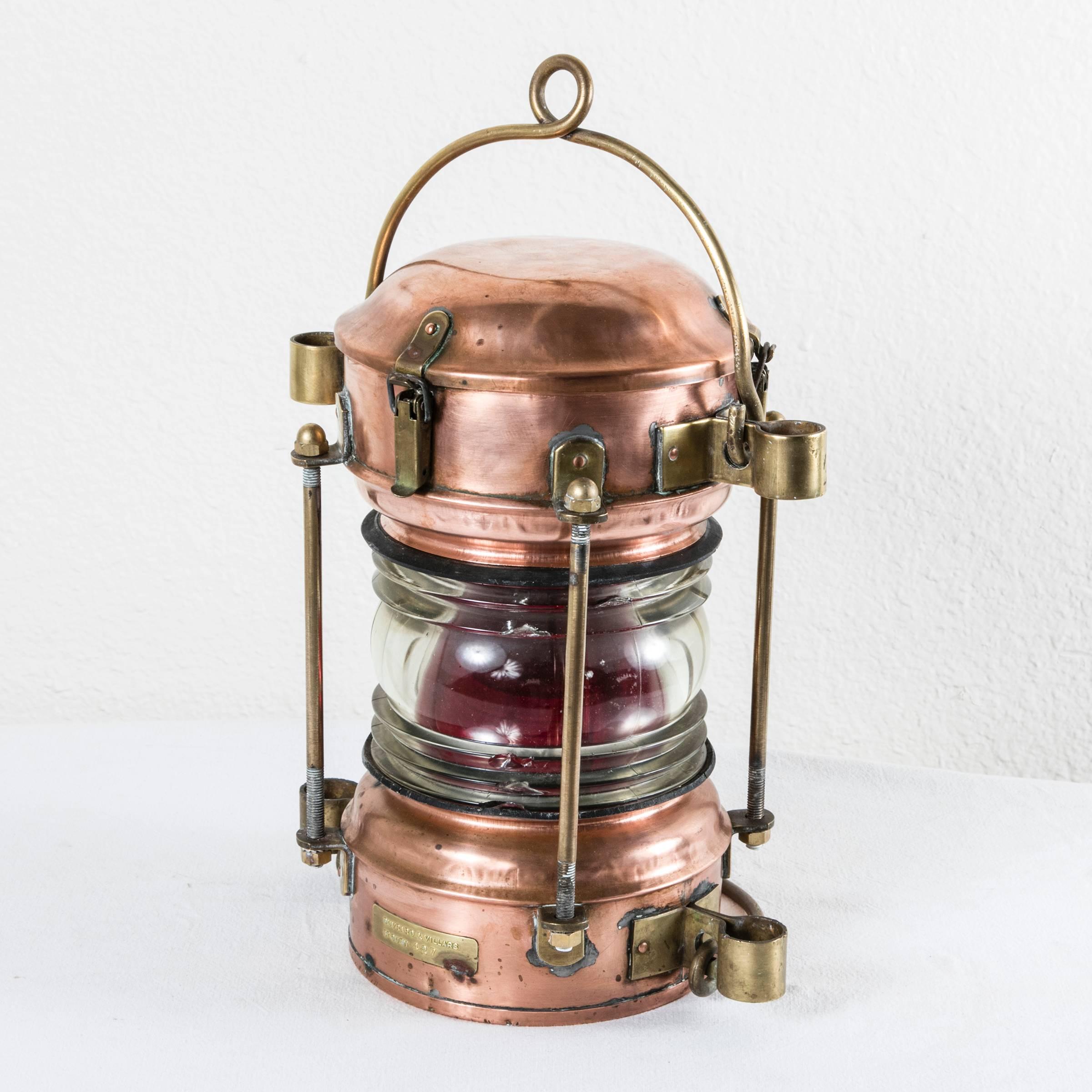 Large 19th Century French Copper and Brass Starboard Lantern with Red Glass 5