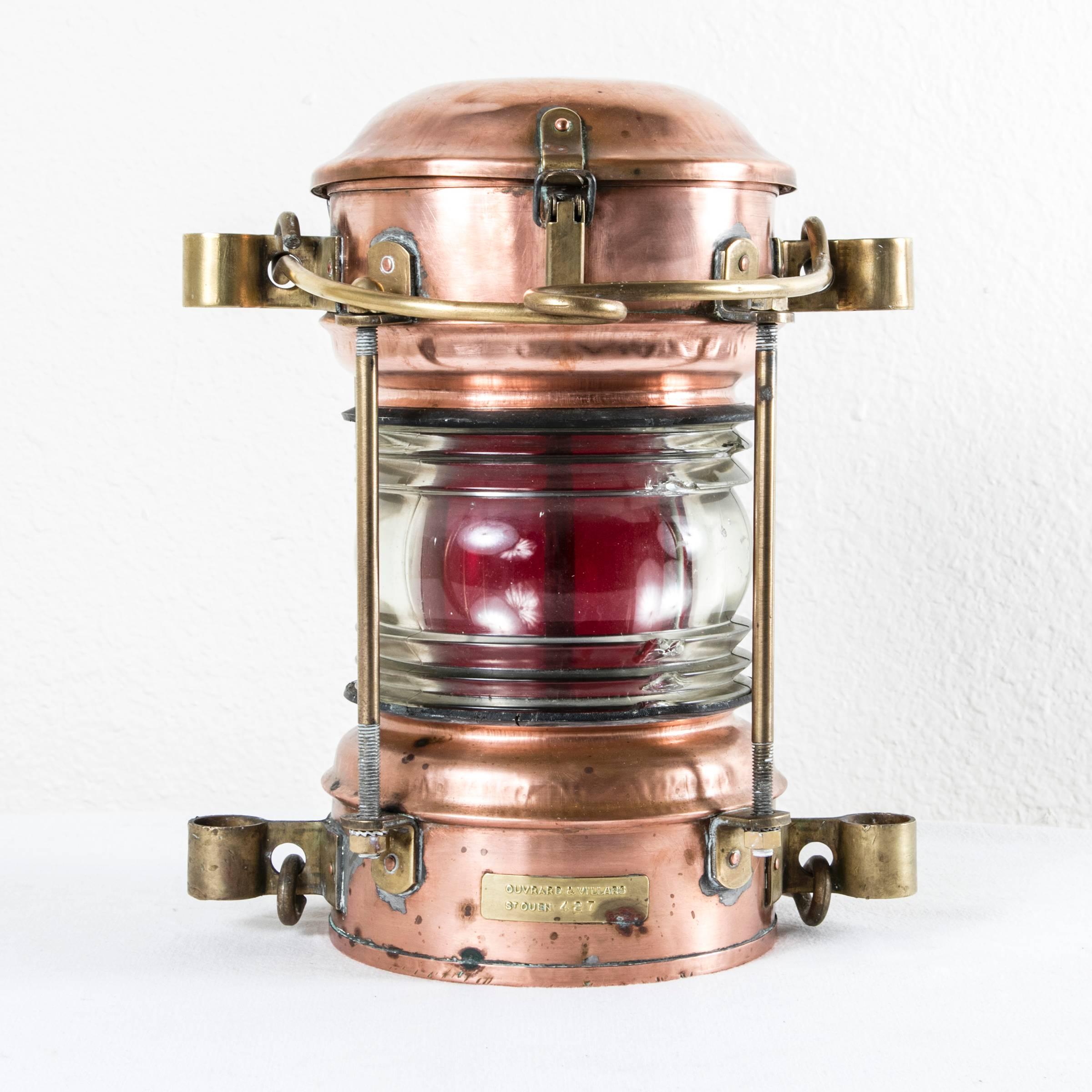 Large 19th Century French Copper and Brass Starboard Lantern with Red Glass 1