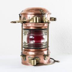 Large 19th Century French Copper and Brass Starboard Lantern with Red Glass