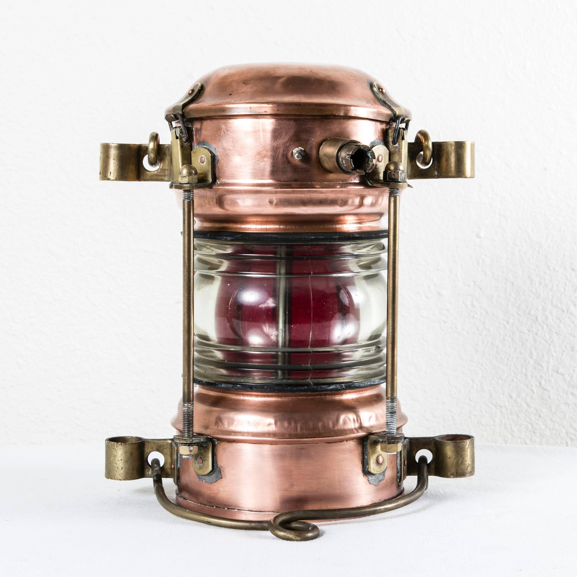 Large 19th Century French Copper and Brass Starboard Lantern with Red Glass In Excellent Condition In Fayetteville, AR