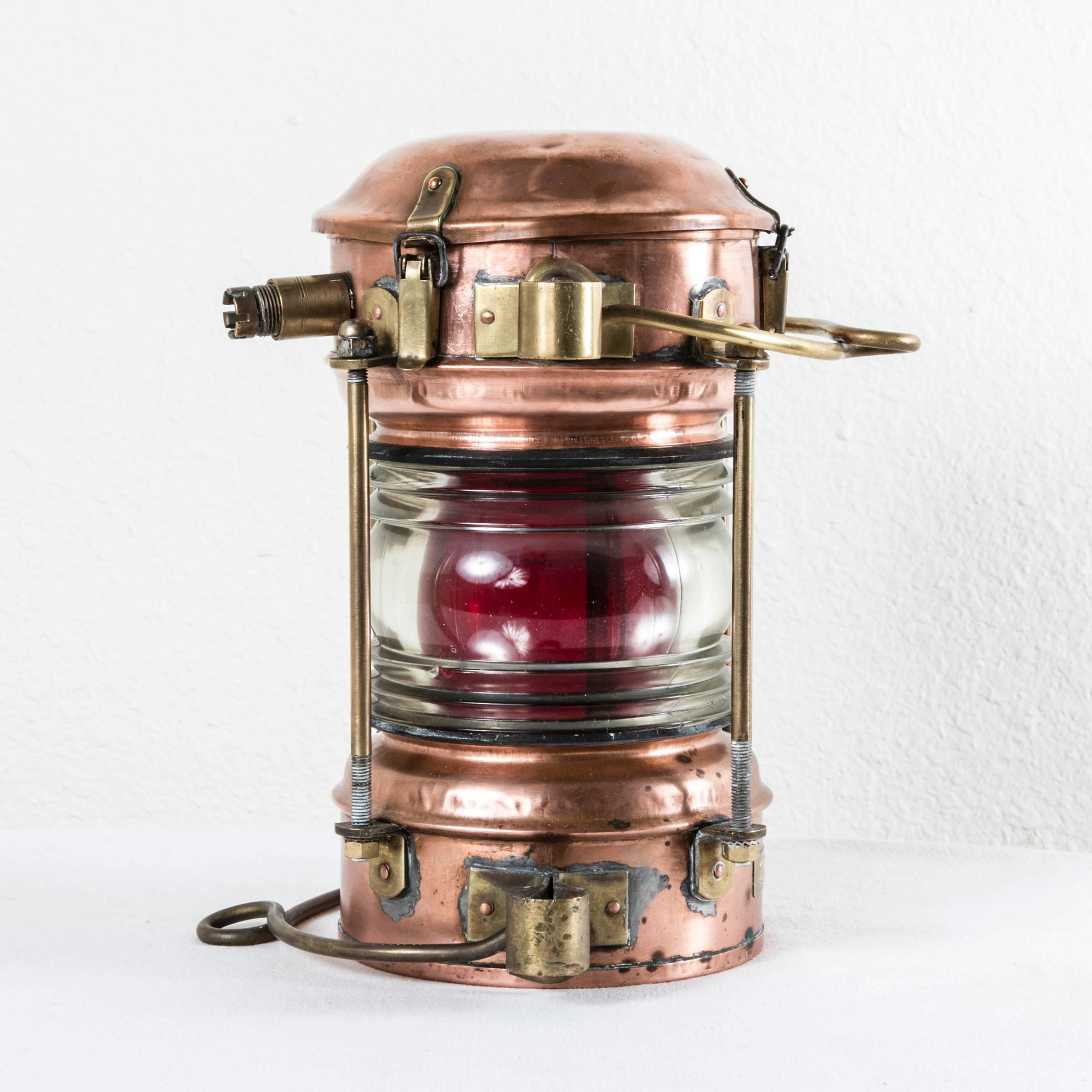 Large 19th Century French Copper and Brass Starboard Lantern with Red Glass 2