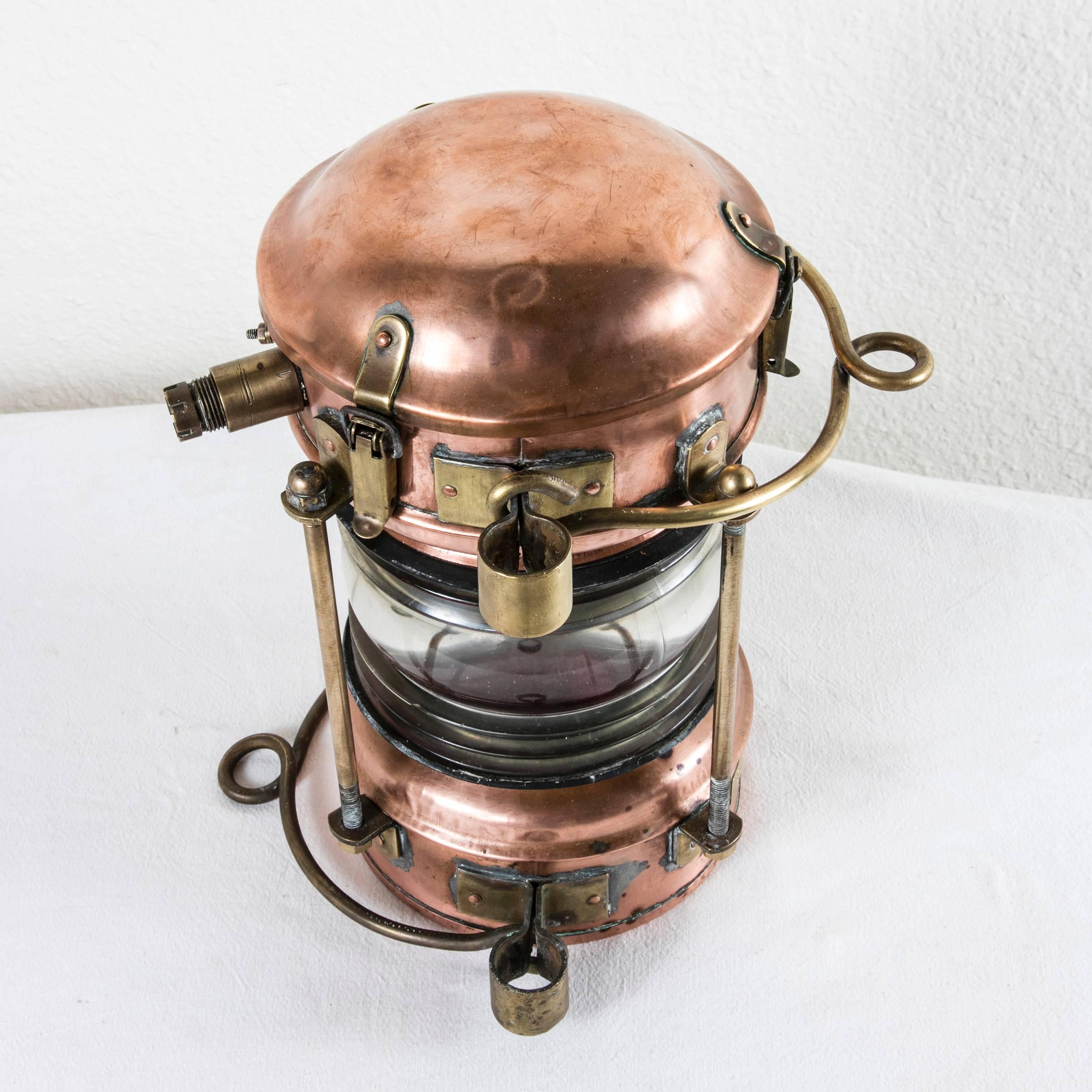 Large 19th Century French Copper and Brass Starboard Lantern with Red Glass 3