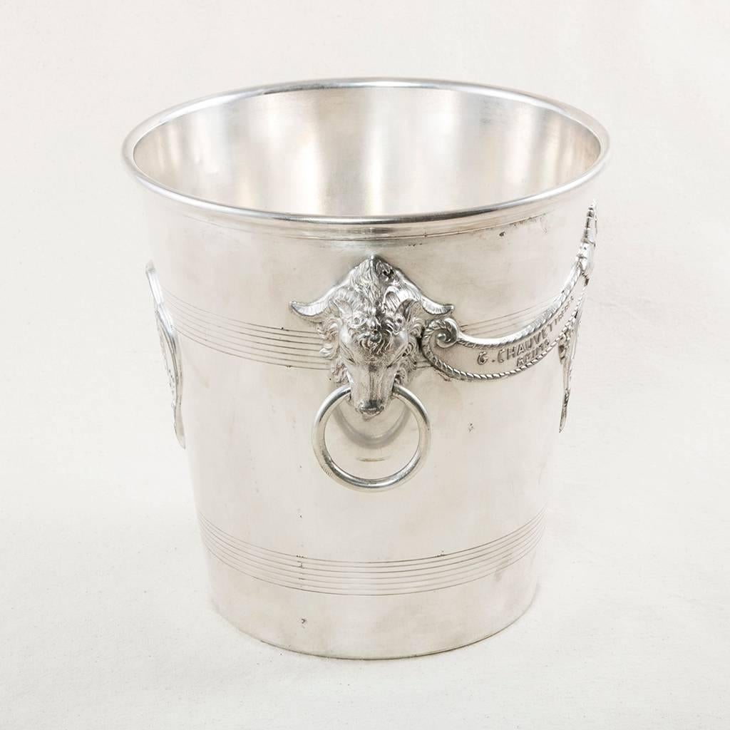 Antique French G. Chauvet Freres Reims Silver Plate Champagne Bucket with Rams In Excellent Condition In Fayetteville, AR