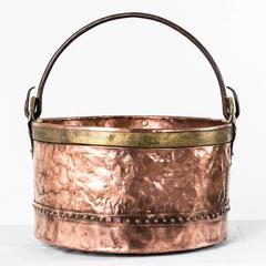 Large 19th Century French Hand-Hammered Riveted Copper and Brass Cauldron