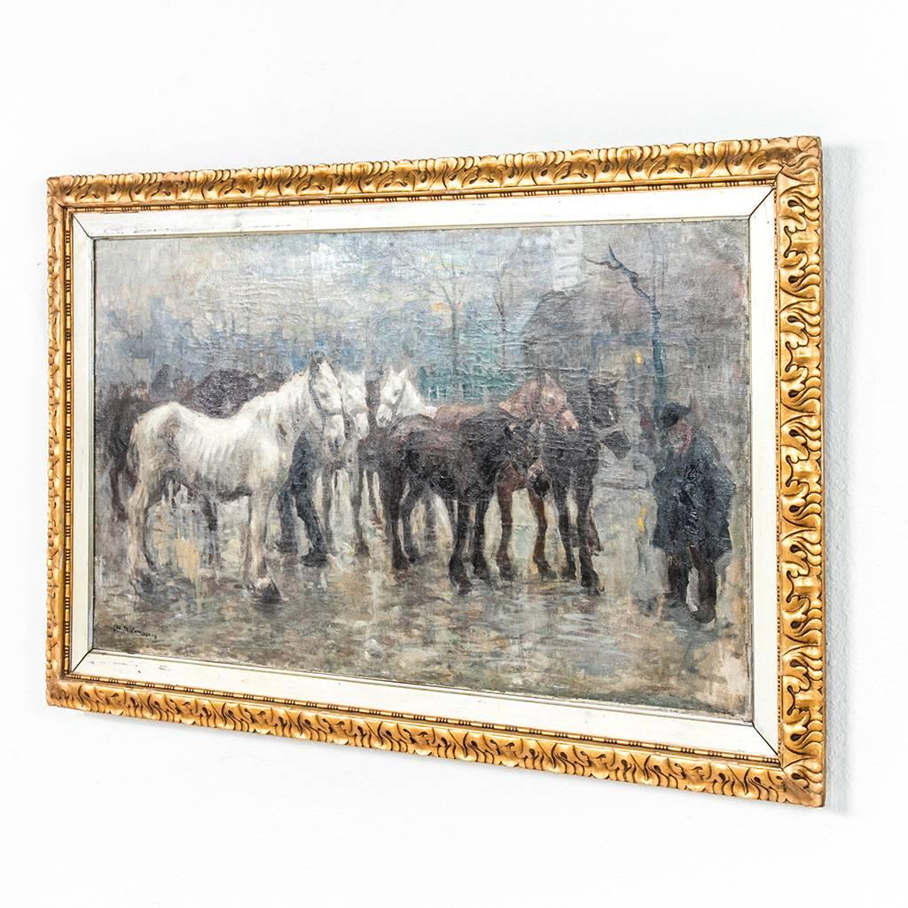 Late 19th Century Large 19th Century French Impressionist Framed Oil on Canvas with Horses, Signed