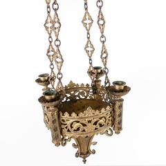 French Gothic Style Bronze Chandelier Pendant for Four Candles, circa 1860