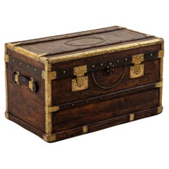 Antique French Wooden Steam Trunk with Runners, Brass, Iron, Leather Details, circa 1880