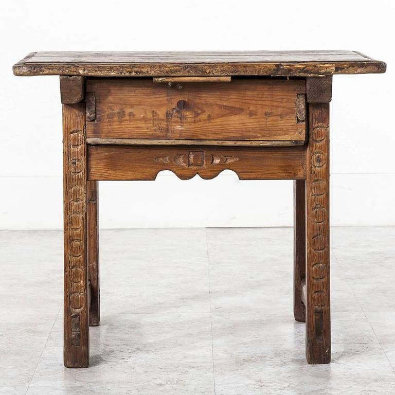 19th Century French Rustic Primitive Style Pine Side Table With Drawer
