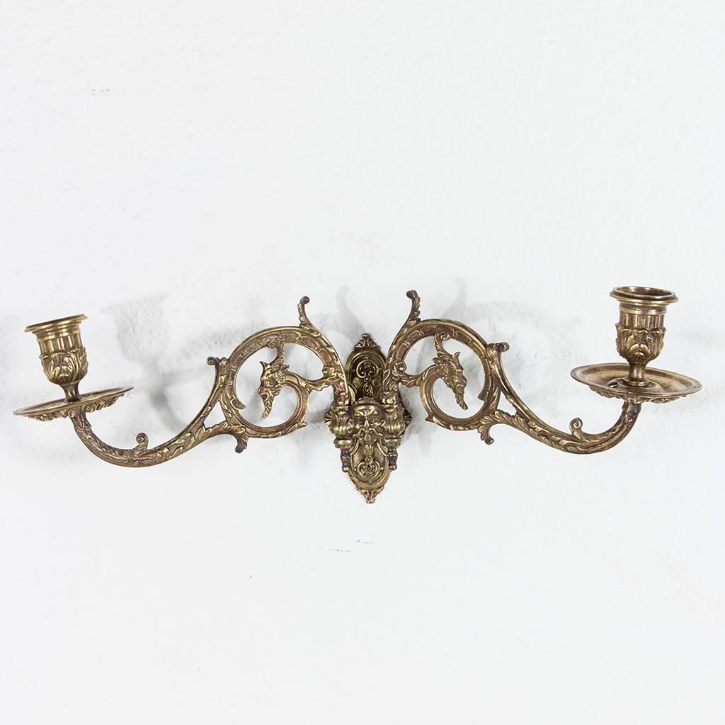 Pair 19th Century French Bronze Piano Sconces Wall Sconces with Green Man Faces In Good Condition In Fayetteville, AR