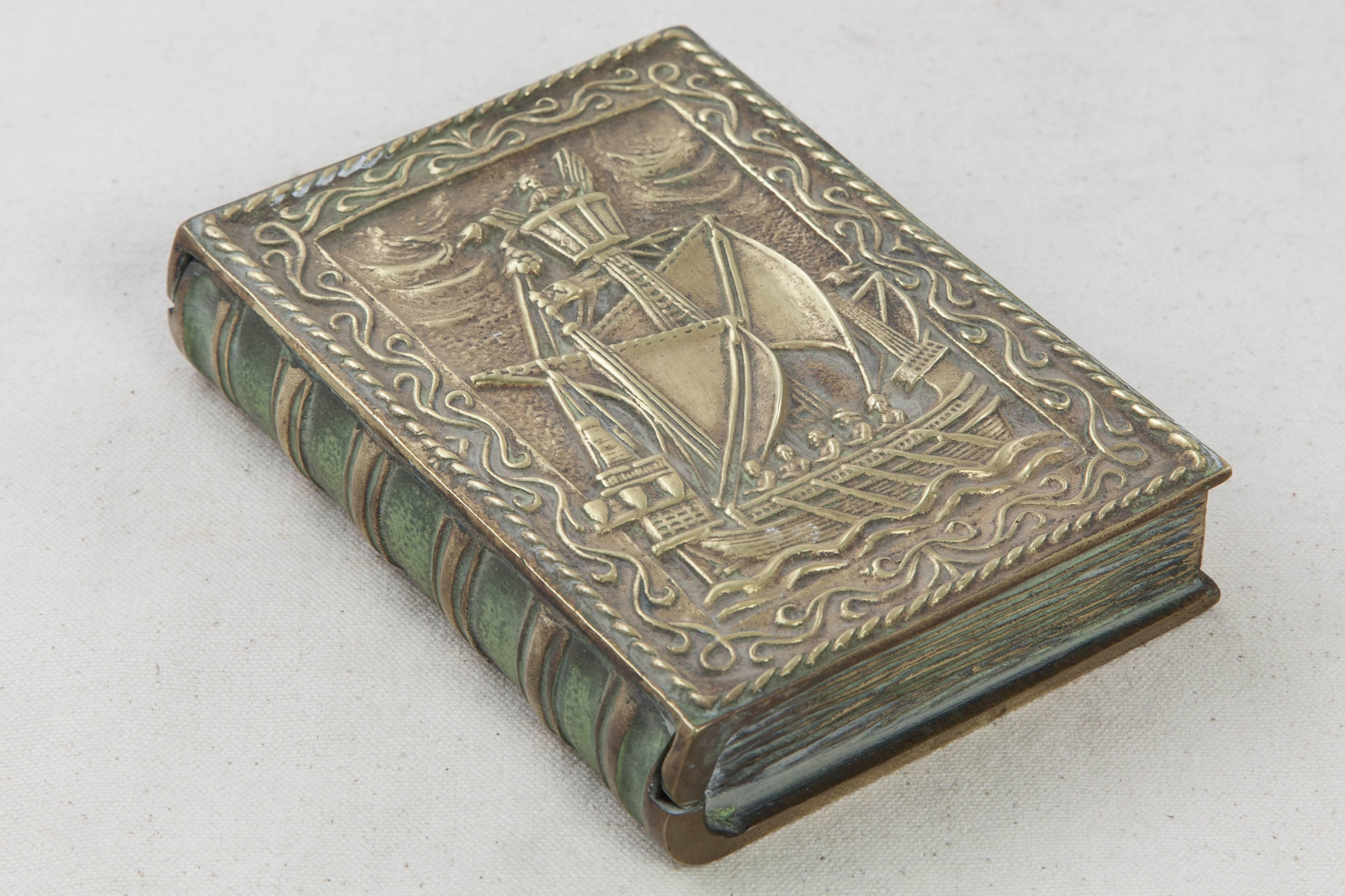 French Bronze Box in the Shape of a Book with Ship, Signed Max Le Verrier, circa 1925