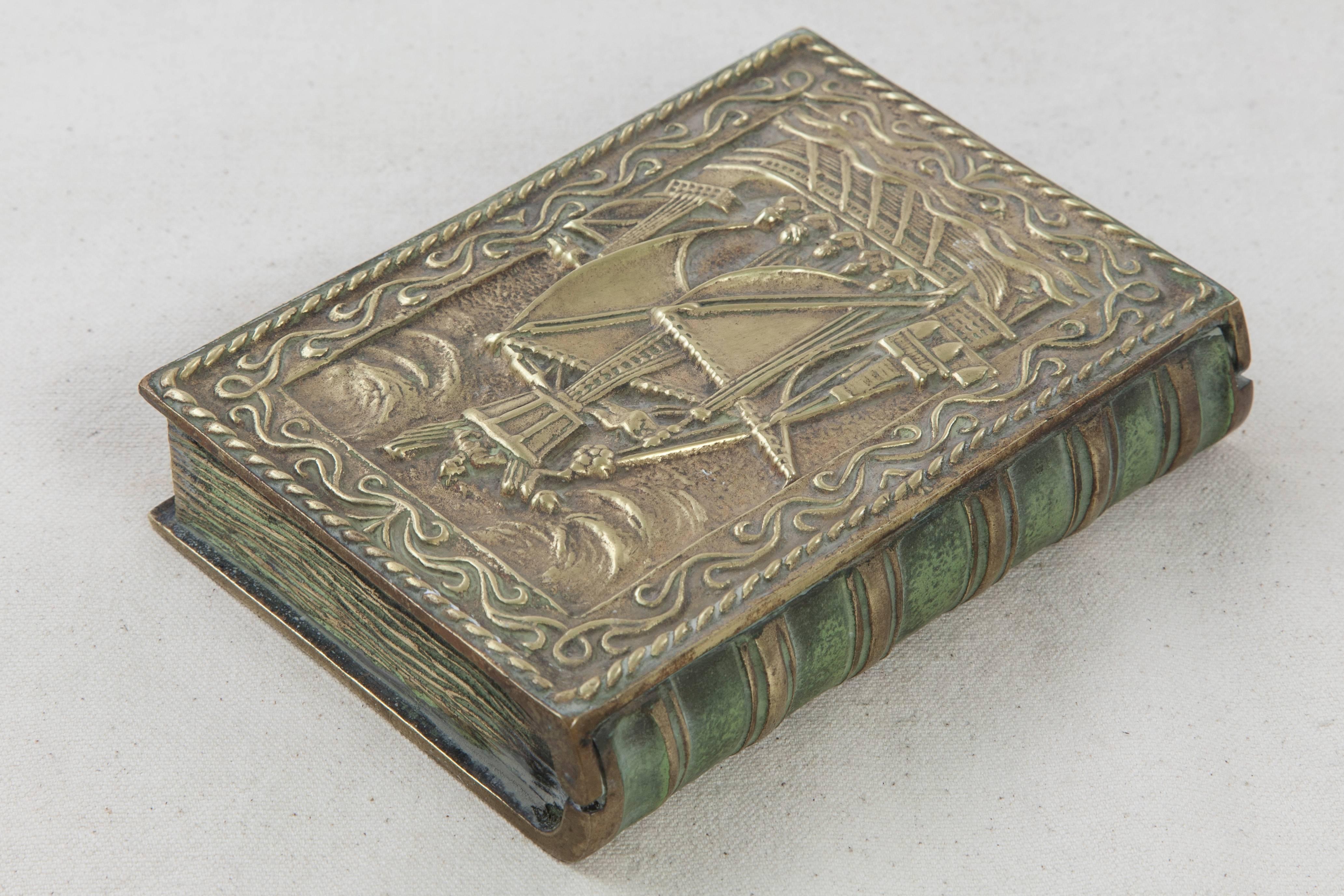 Early 20th Century Bronze Box in the Shape of a Book with Ship, Signed Max Le Verrier, circa 1925