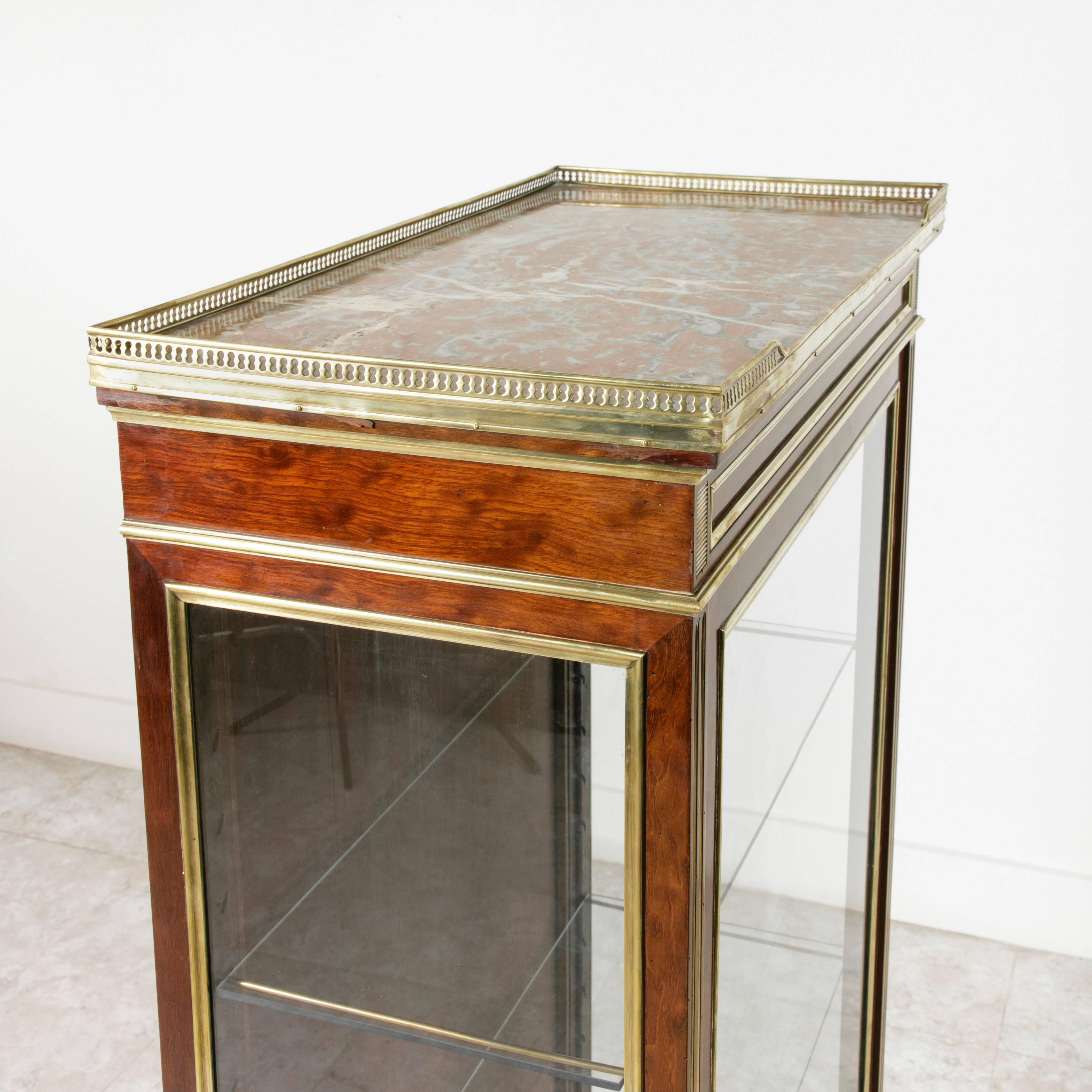French Louis XVI Mahogany Vitrine Cabinet with Bronze Banding and Marble 4