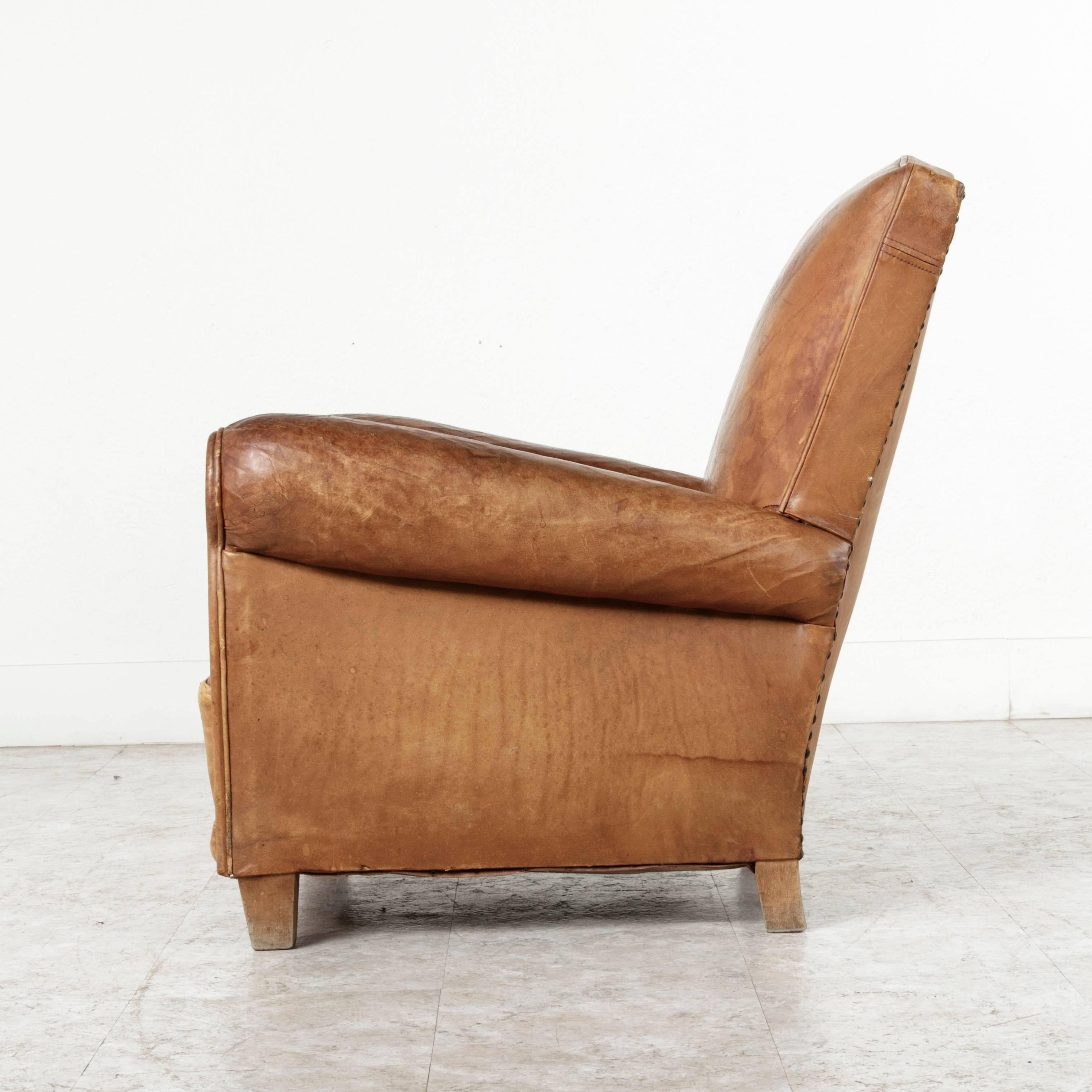 Art Deco Era French Moustache Back Leather Club Chairs In Good Condition In Fayetteville, AR