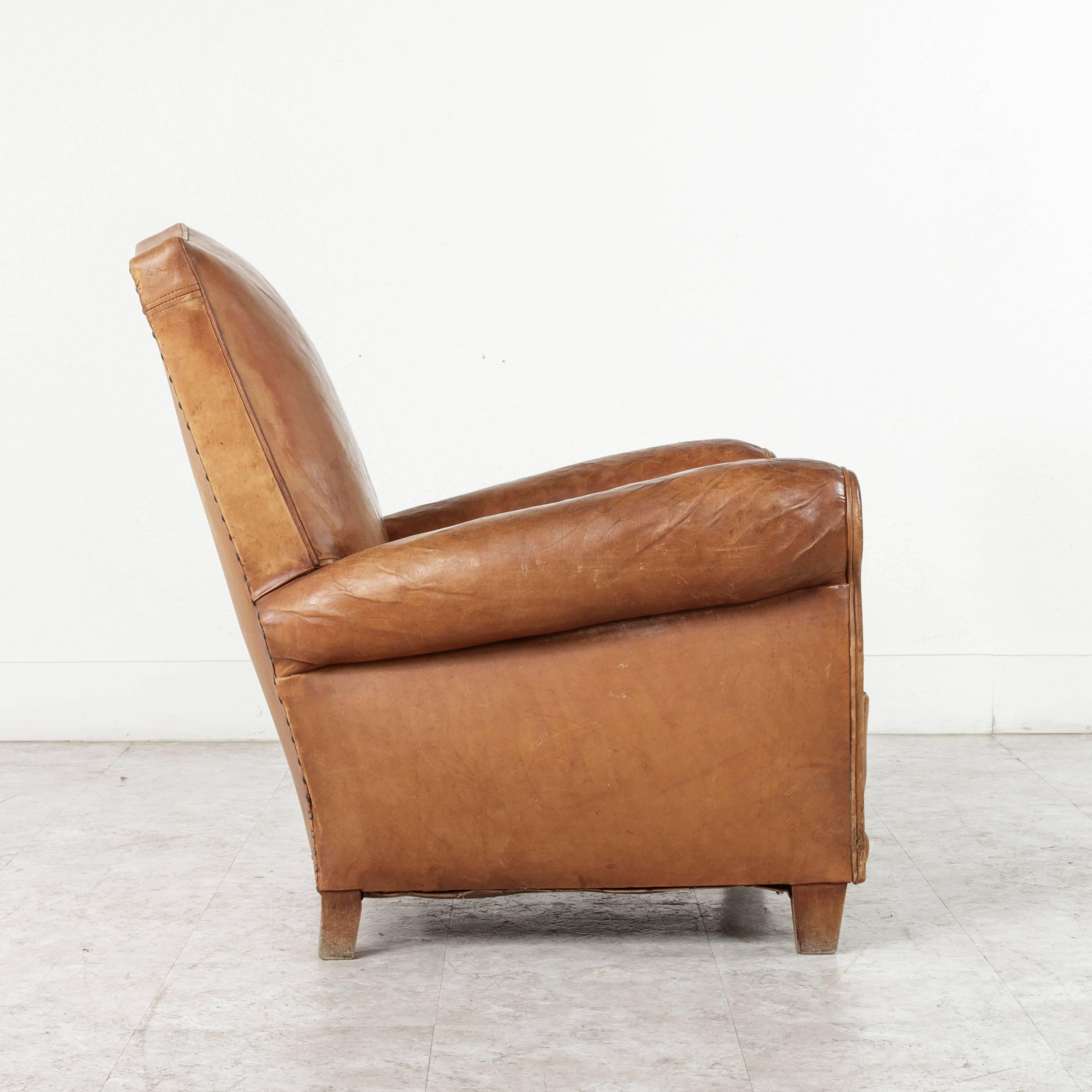 Mid-20th Century Art Deco Era French Moustache Back Leather Club Chairs