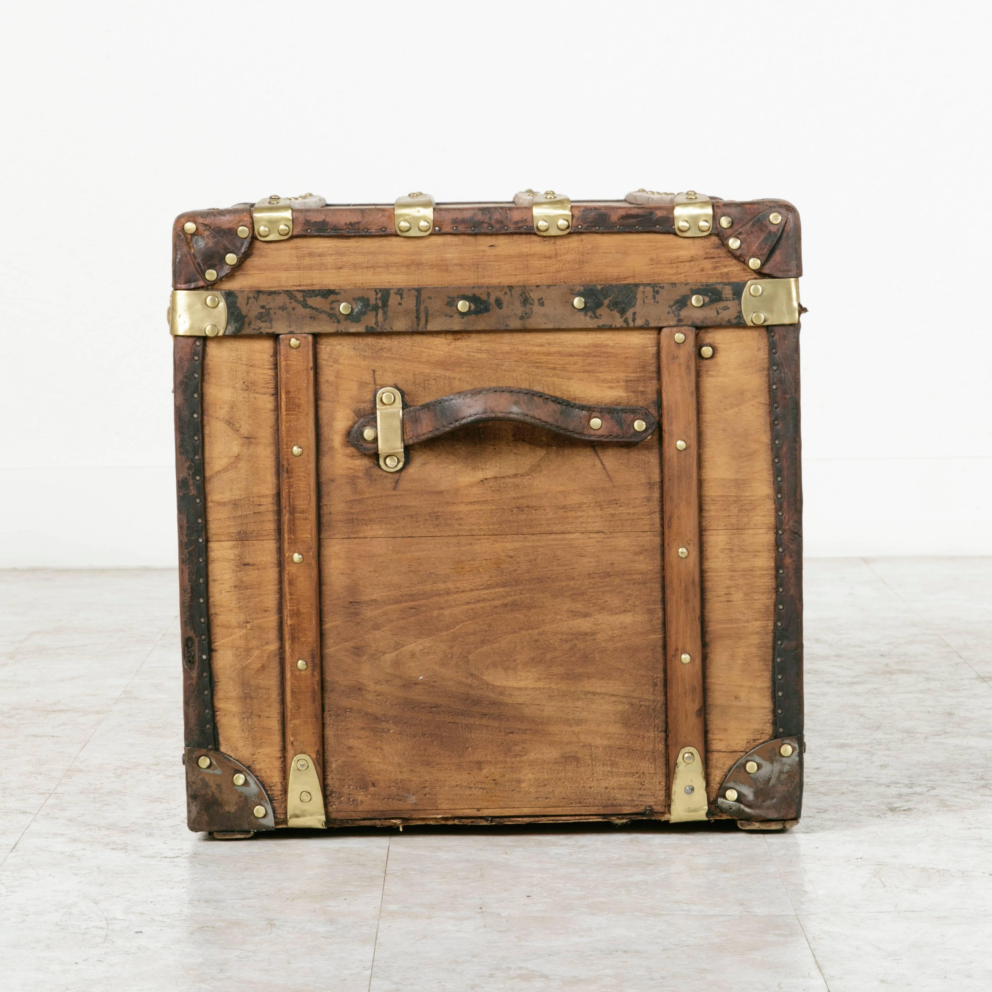 20th Century Antique French Traveling Steam Trunk of Wood, Brass, Leather and Iron