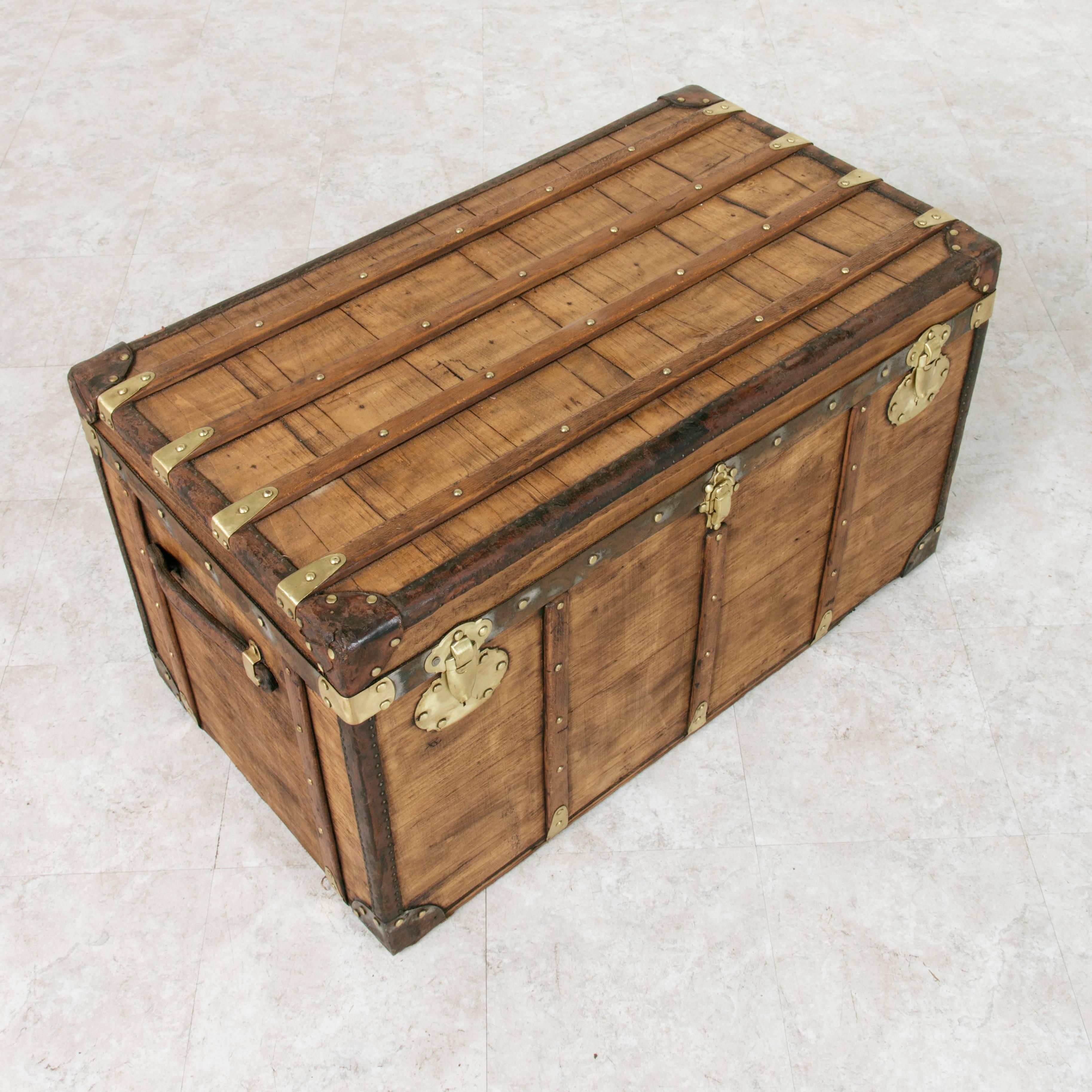 Antique French Traveling Steam Trunk of Wood, Brass, Leather and Iron In Excellent Condition In Fayetteville, AR