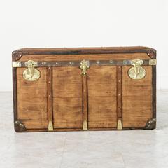 Antique French Traveling Steam Trunk of Wood, Brass, Leather and Iron