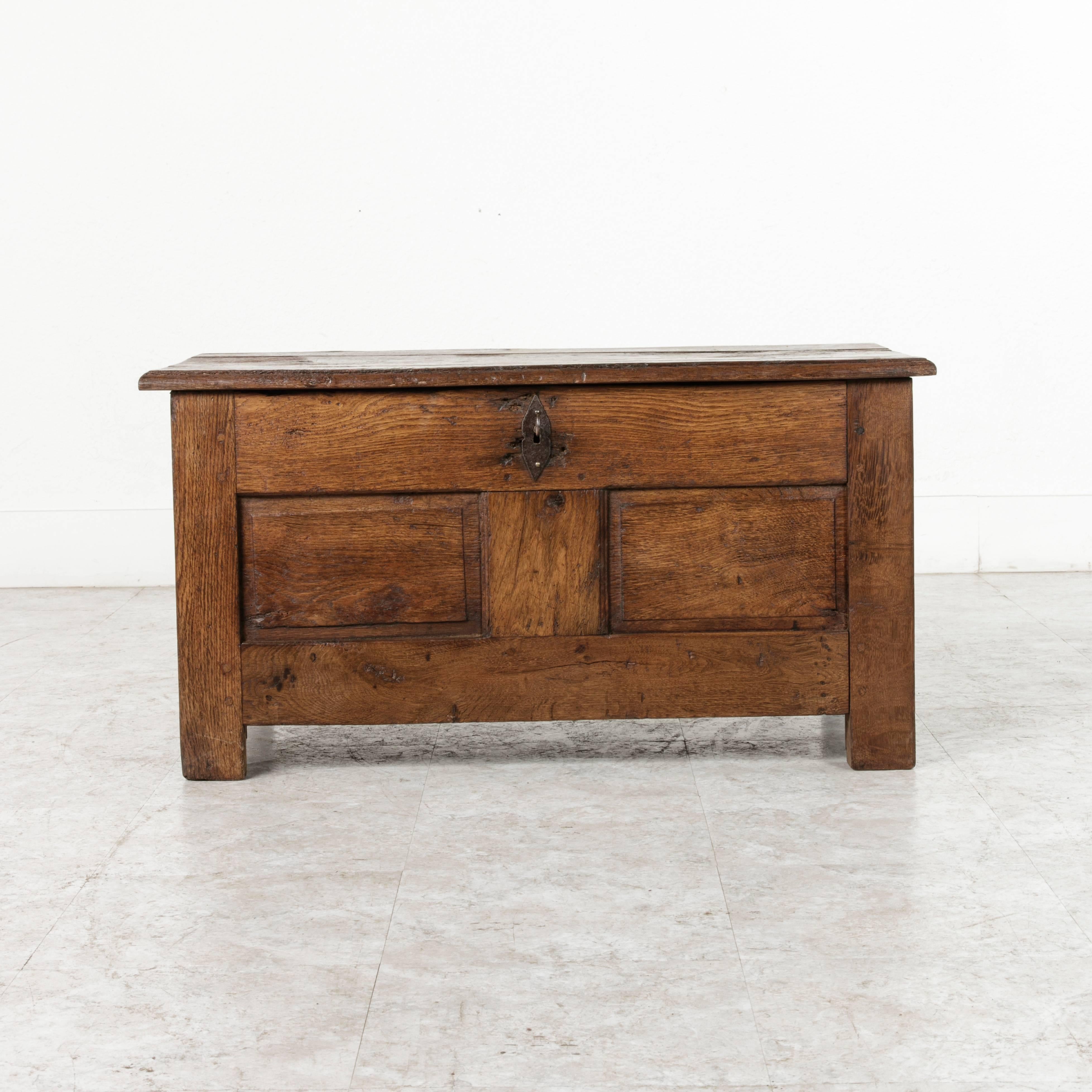 This 19th century oak coffer with its hinged top and sturdy, hand pegged construction wears proudly its marks of character that come from age and use. Its interior contains a smaller compartment, also with hinged lid, where small necessities for the