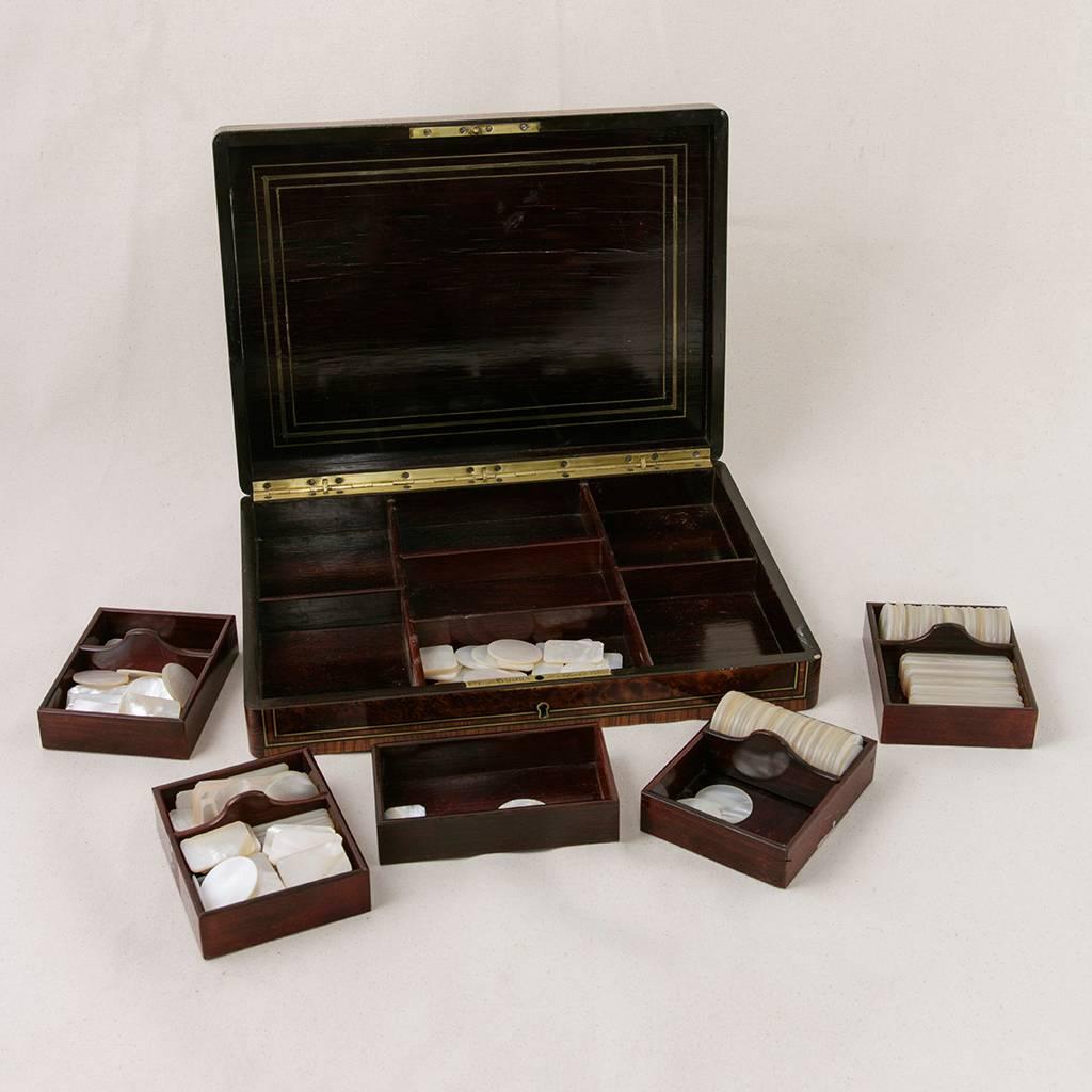 French Rare Signed Paul Sormani Marquetry Game Box with Mother-of-Pearl Gambling Chips 