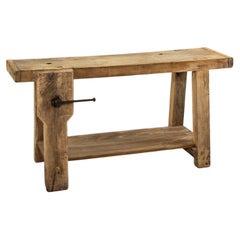 Early 20th Century French Bleached Oak Workbench, Sofa Table, Console with Vise