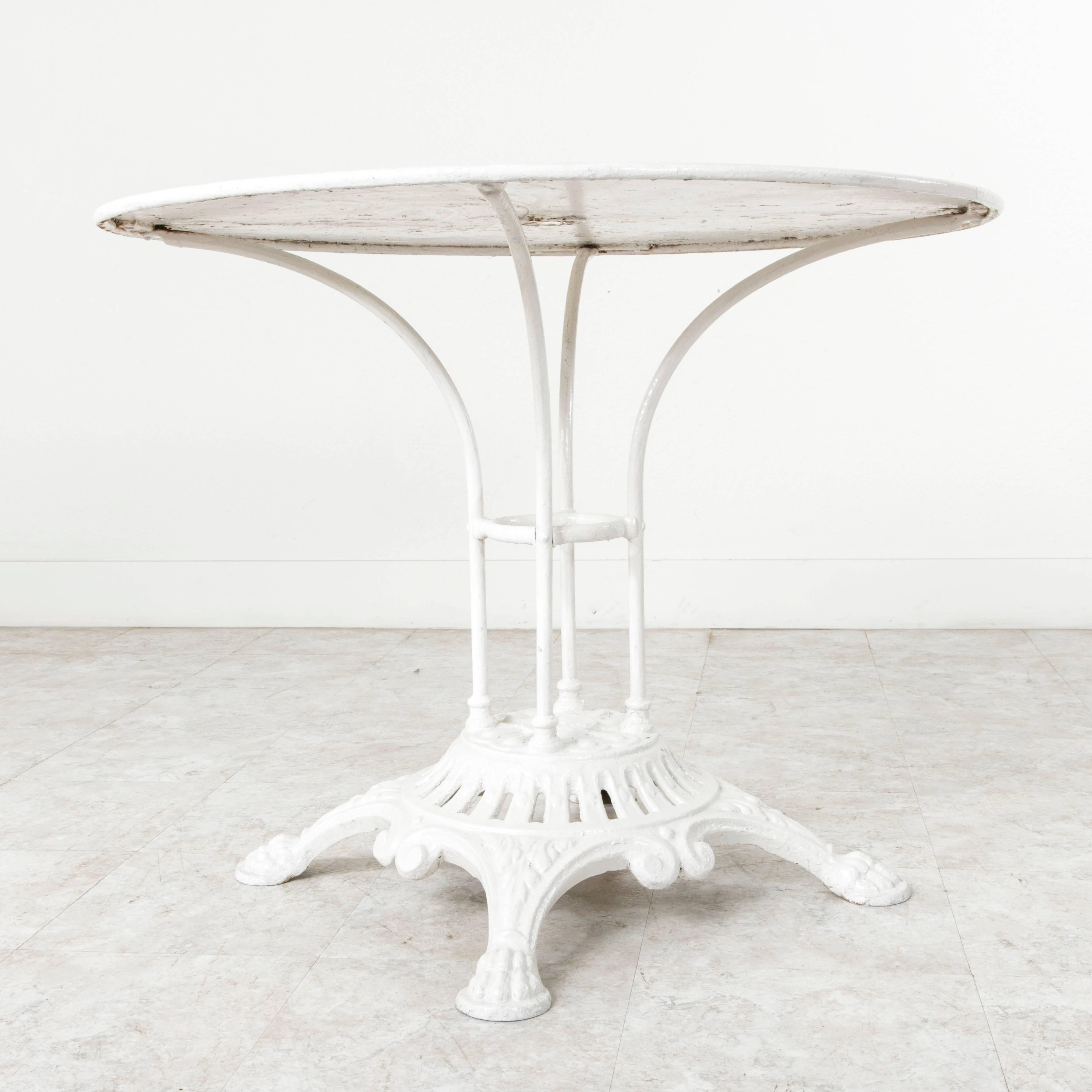 19th Century French Paris Round White Bistro Table with Cast Iron Base Metal Top 3