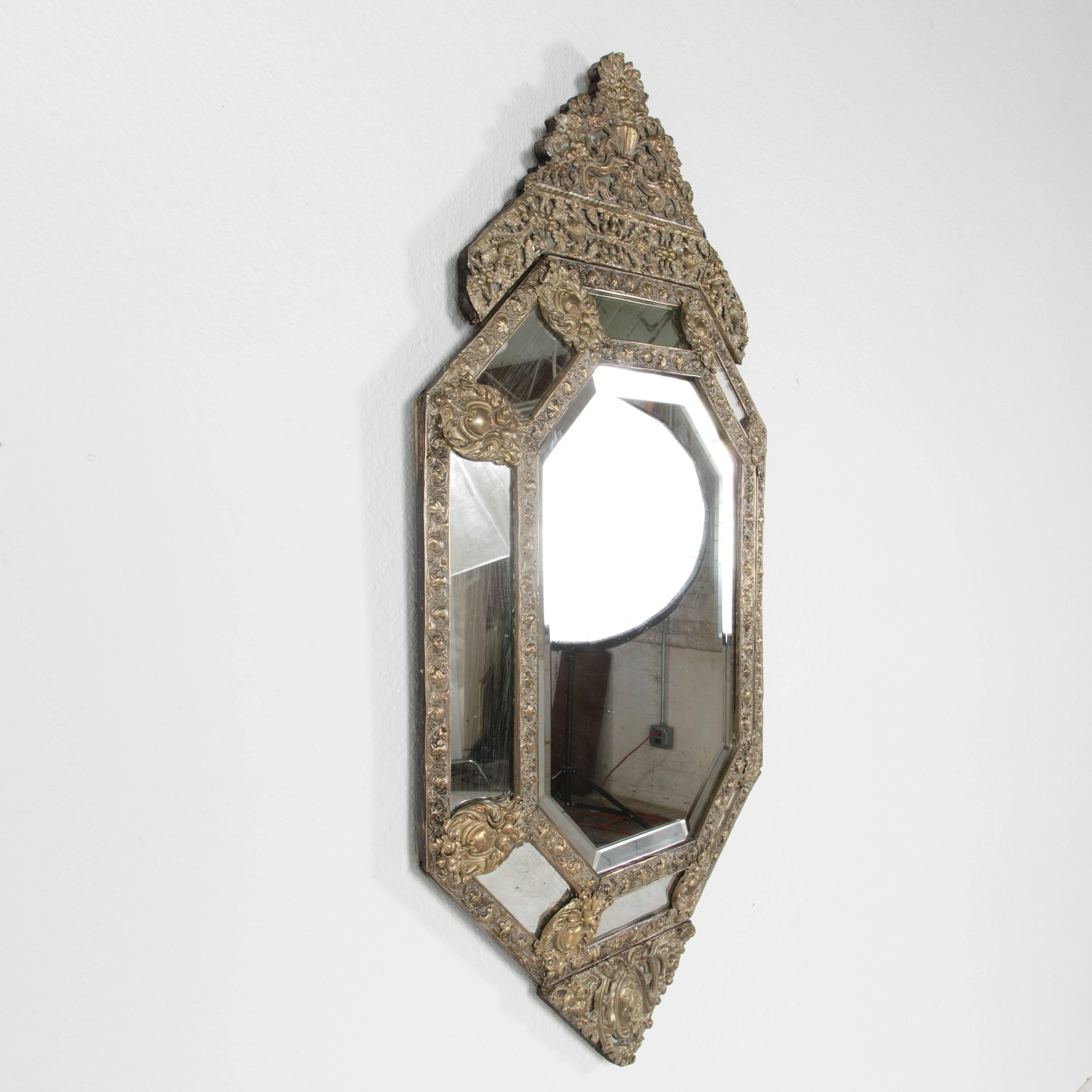 Large Napoleon III Period Bronze Repoussé Cushion Mirror with Octagonal Frame 1