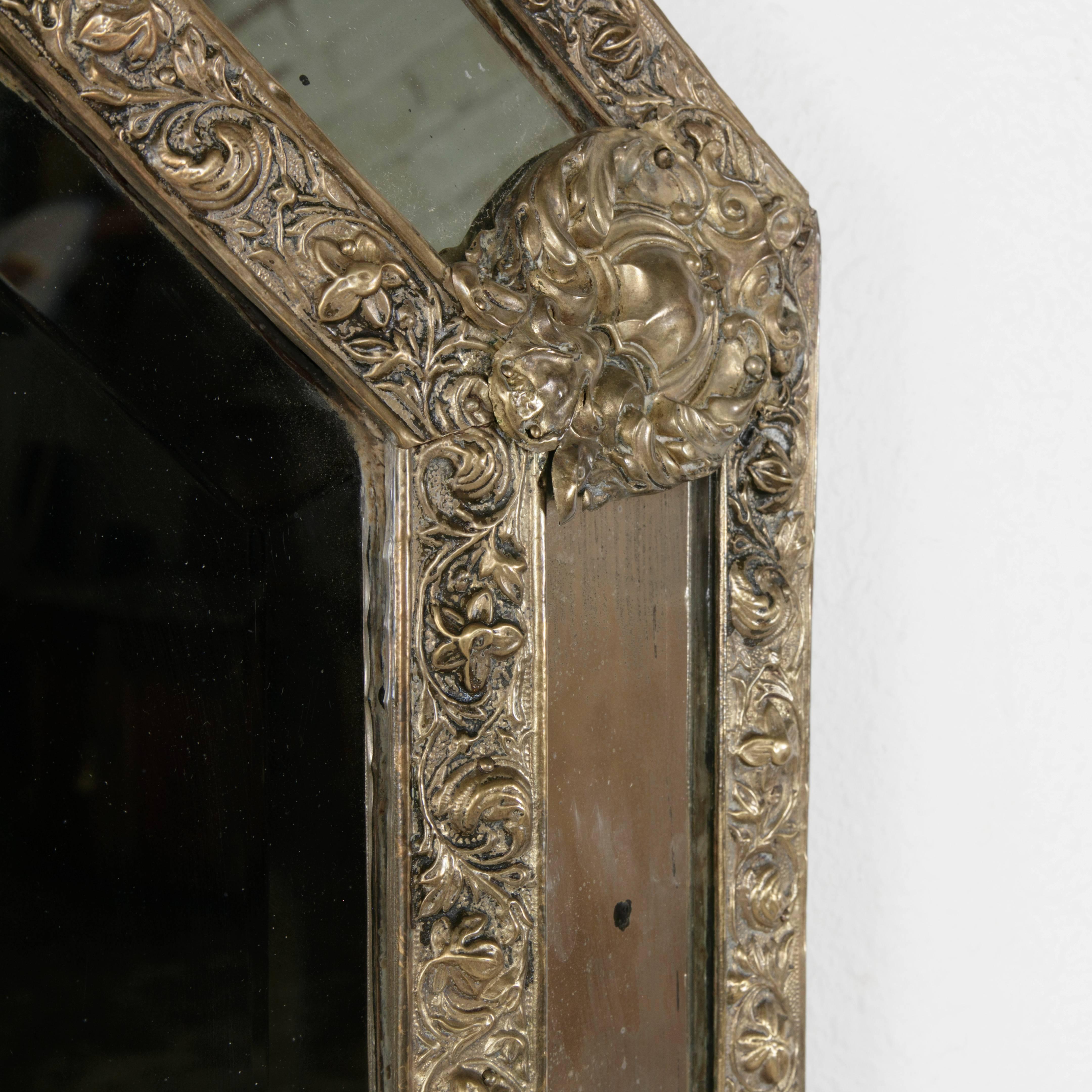 Mid-19th Century Large Napoleon III Period Bronze Repoussé Cushion Mirror with Octagonal Frame