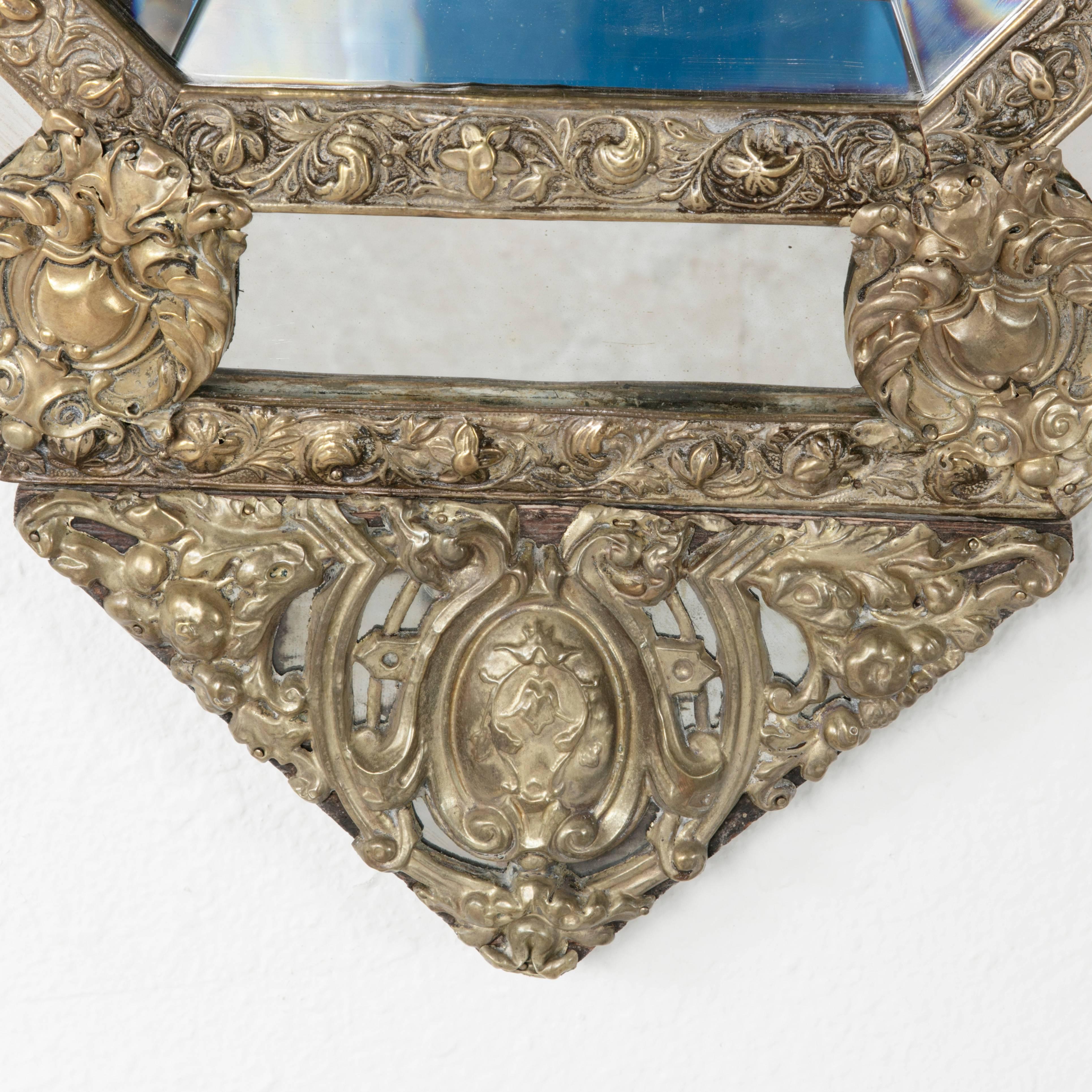 French Large Napoleon III Period Bronze Repoussé Cushion Mirror with Octagonal Frame