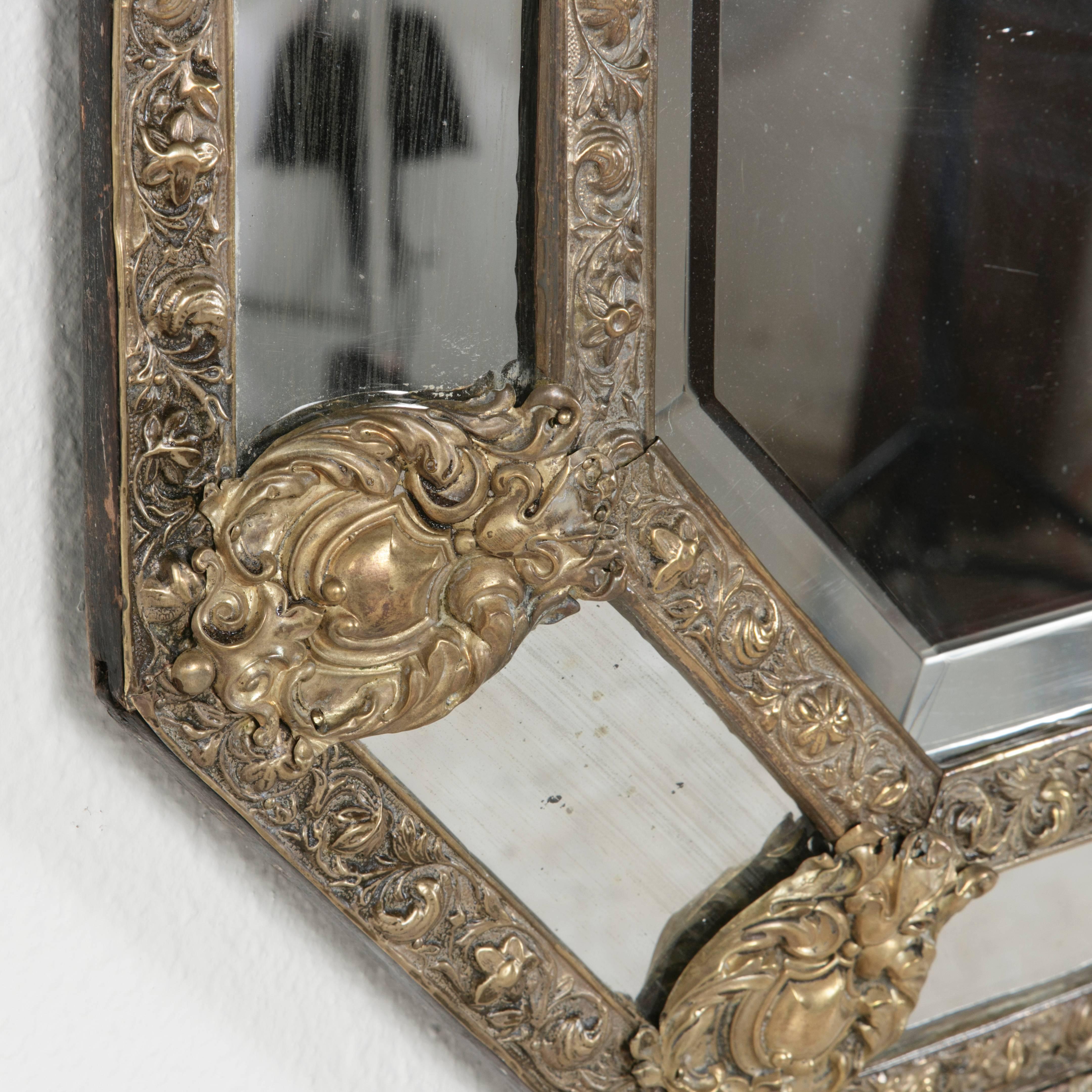 Mercury Glass Large Napoleon III Period Bronze Repoussé Cushion Mirror with Octagonal Frame
