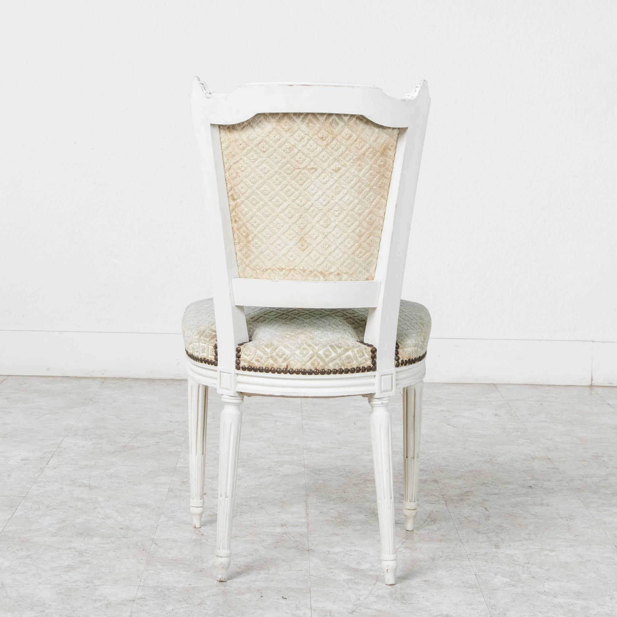 Set of Louis XVI Style Dining Chairs Painted White with Nailhead Upholstery 2