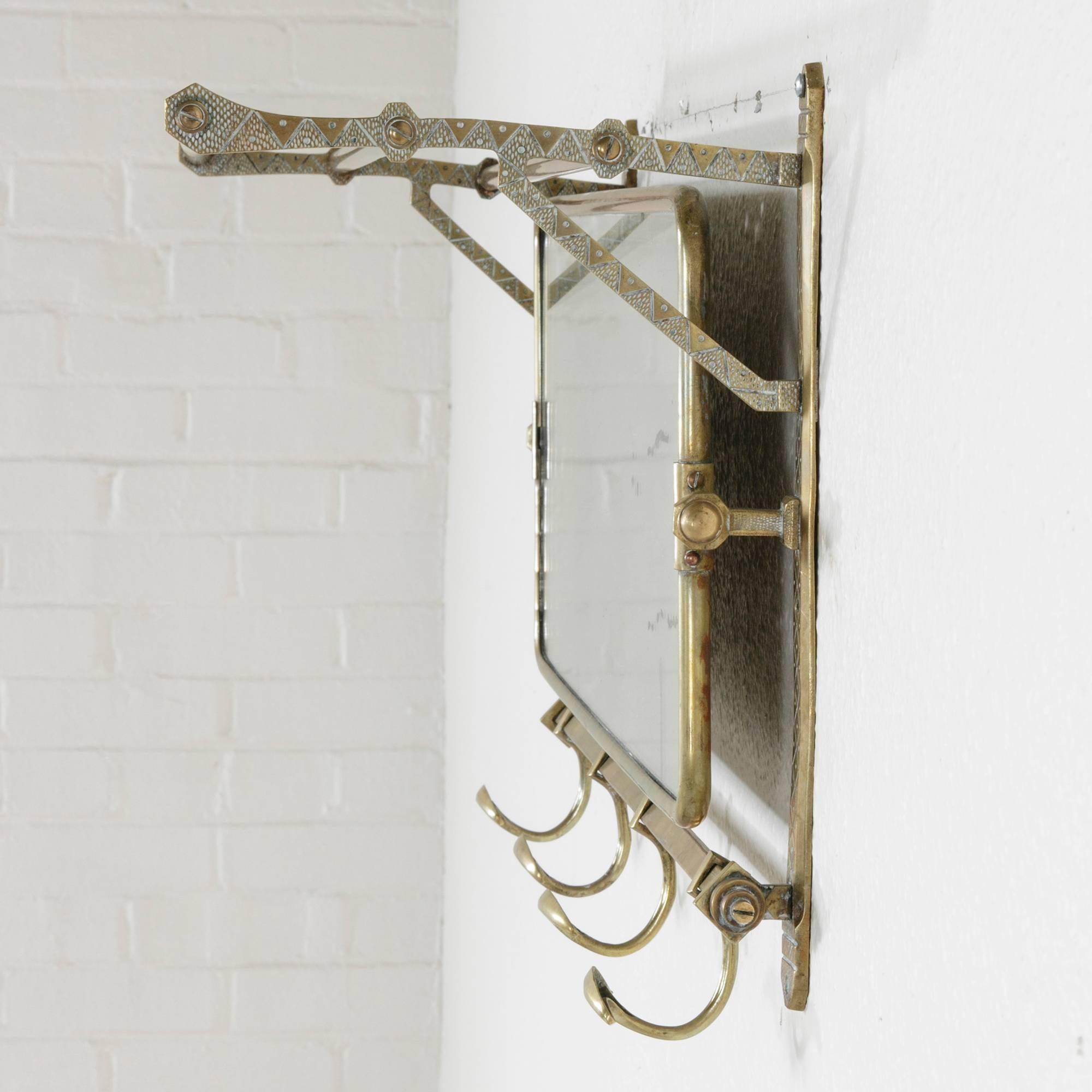 Early 20th Century Art Deco Brass Train Rack with Four Hooks and Swivel Mirror 1