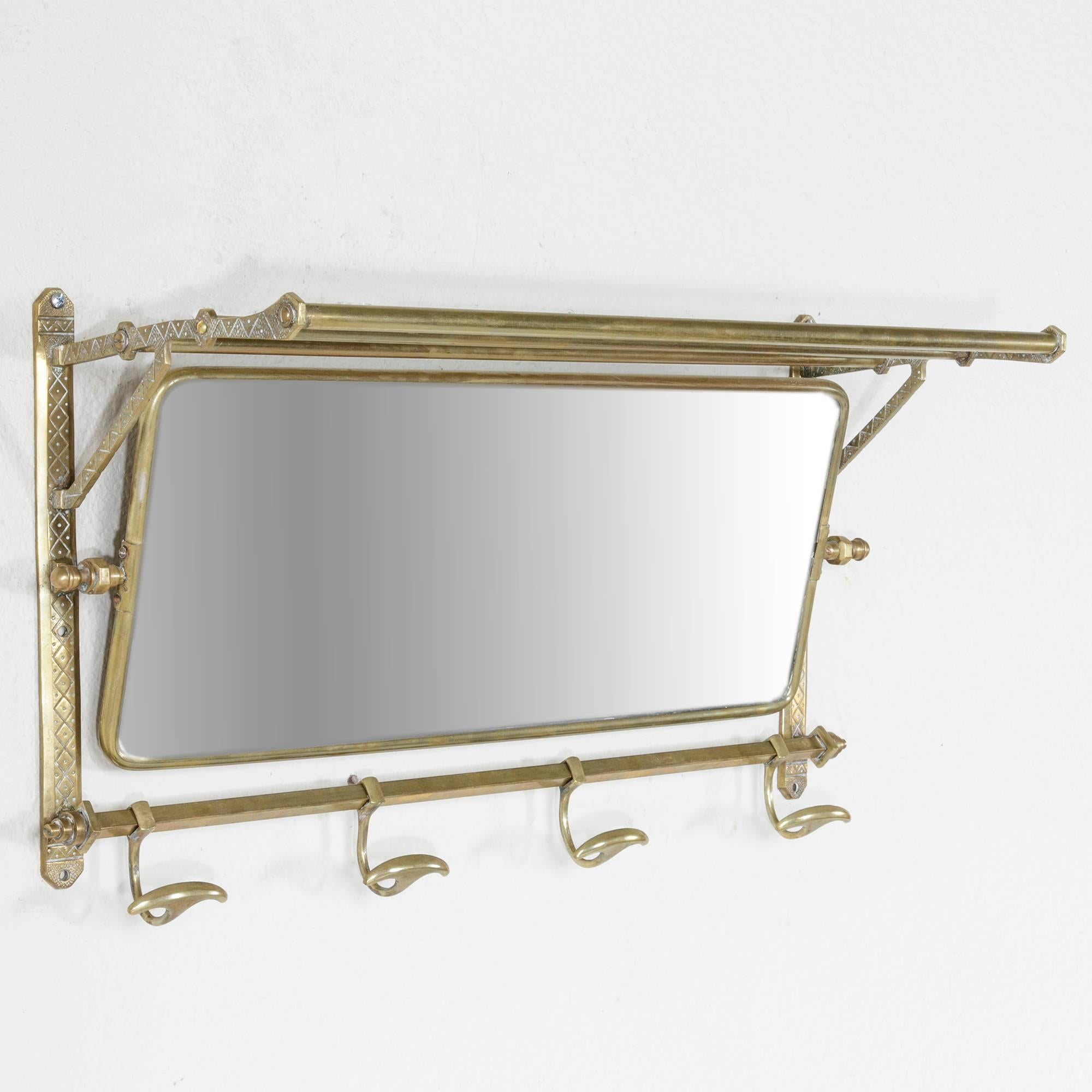 Early 20th Century Art Deco Brass Train Rack with Four Hooks and Swivel Mirror 3