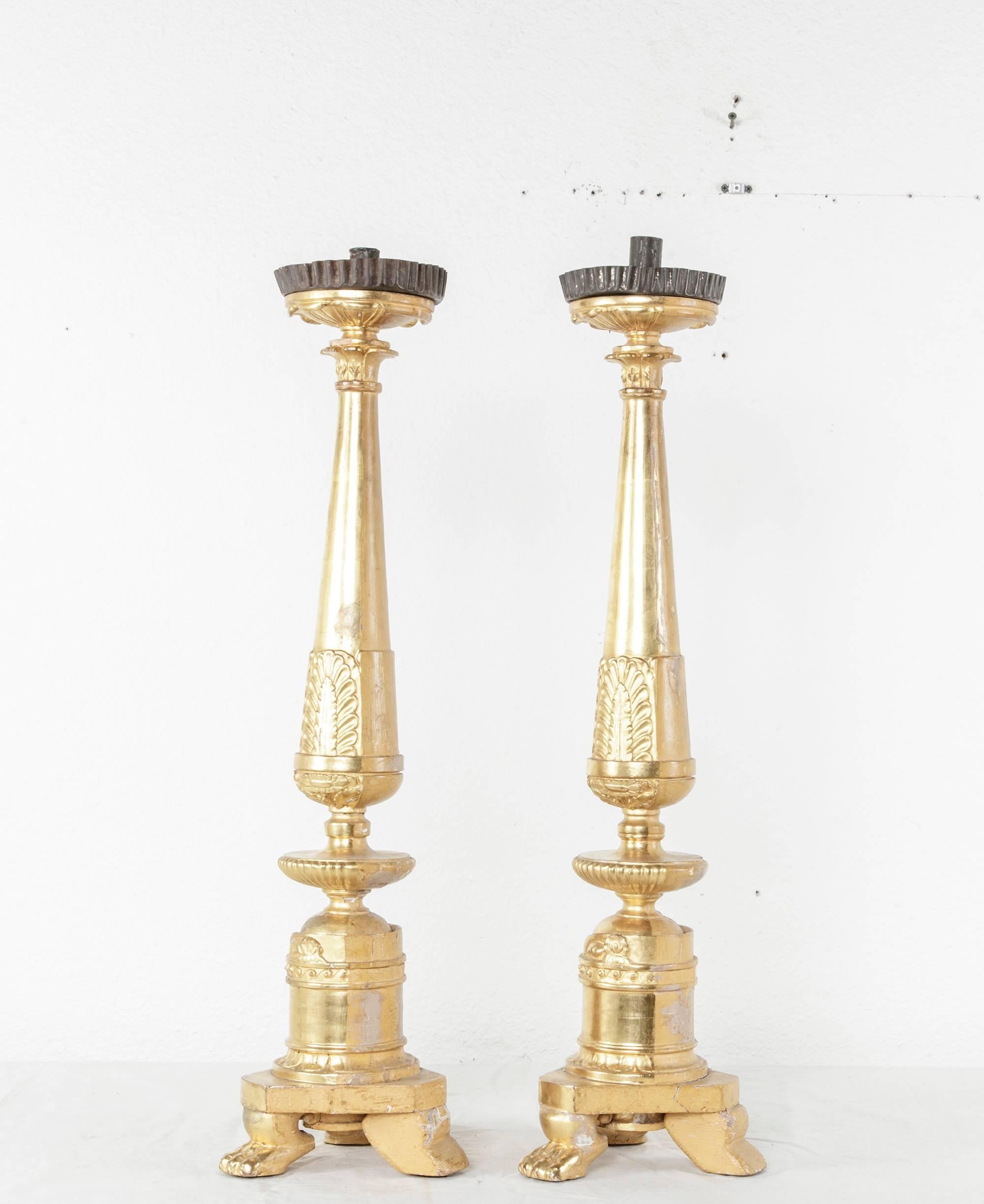Early 19th Century French Empire Period Giltwood Candlesticks or Prickets In Good Condition For Sale In Fayetteville, AR
