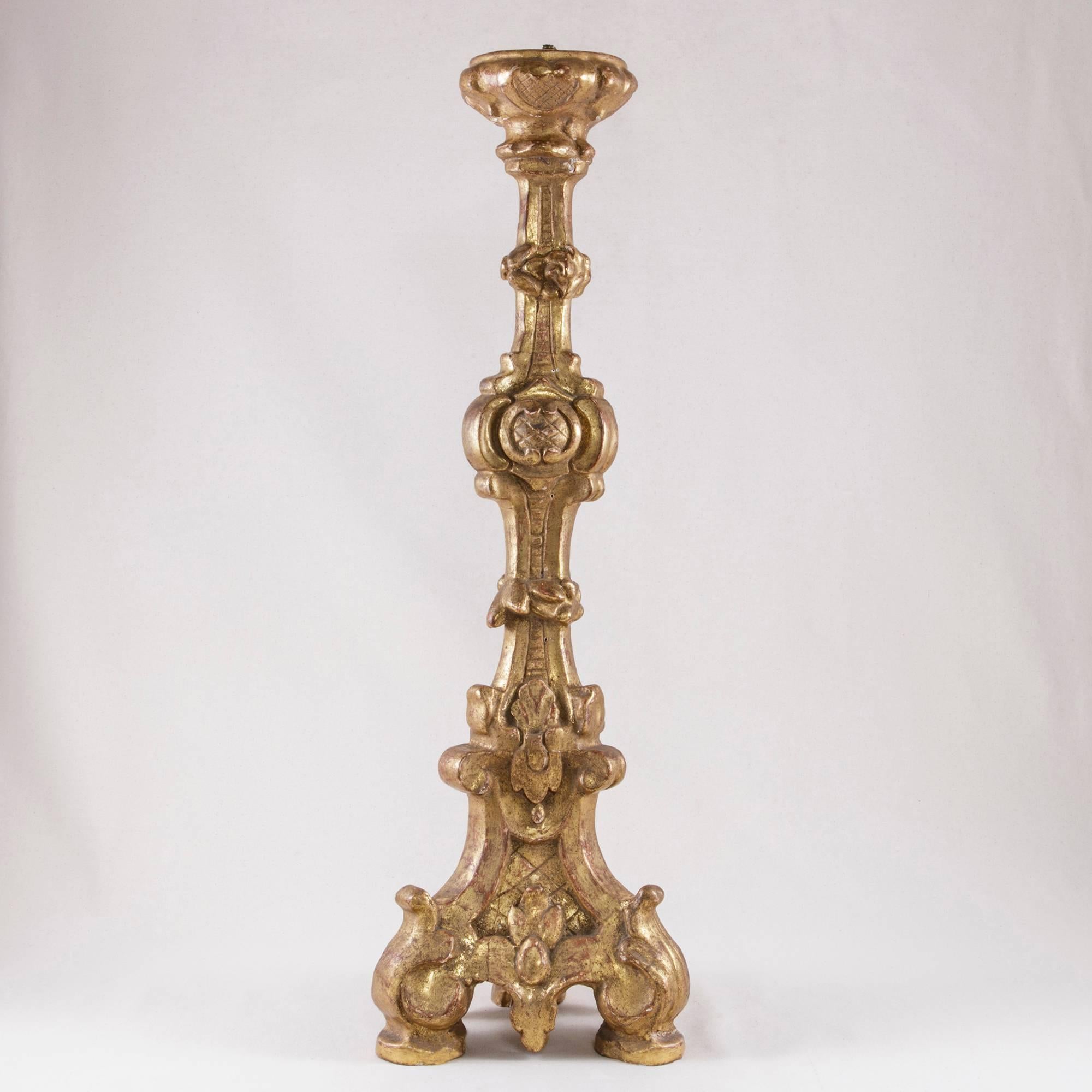 18th Century Italian Hand-Carved Giltwood Pricket Candlestick In Excellent Condition In Fayetteville, AR