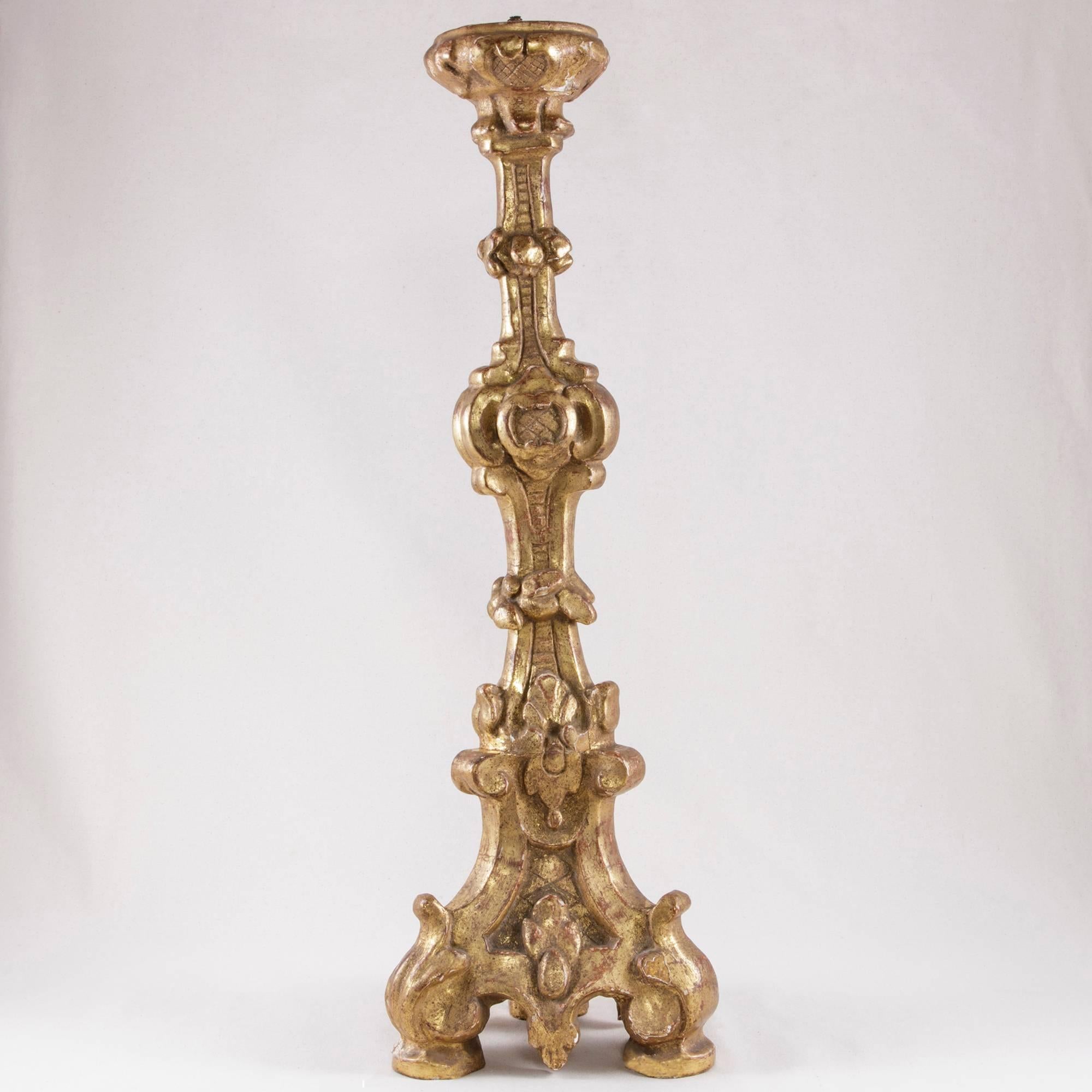 18th Century and Earlier 18th Century Italian Hand-Carved Giltwood Pricket Candlestick