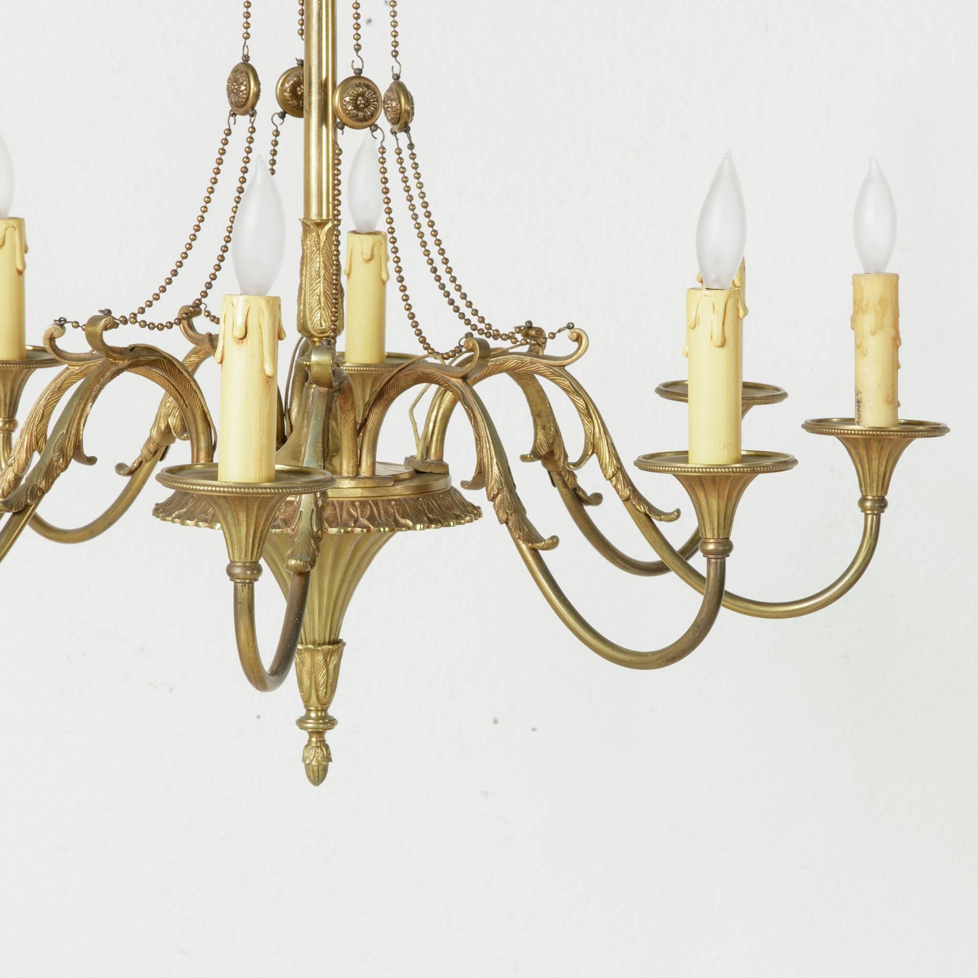 Large French Mid-Century Louis XVI Style Bronze Chandelier with Eight Lights In Excellent Condition In Fayetteville, AR