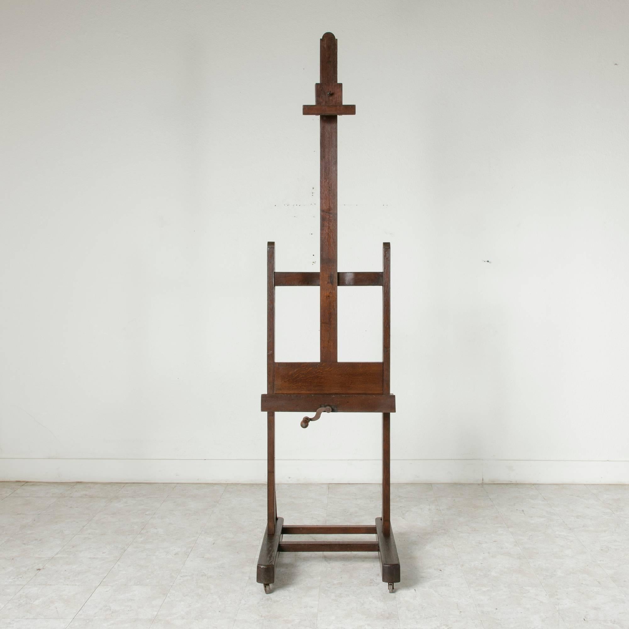Iron Large Late 19th Century French Oak Artist's Easel with Adjustable Tray and Crank