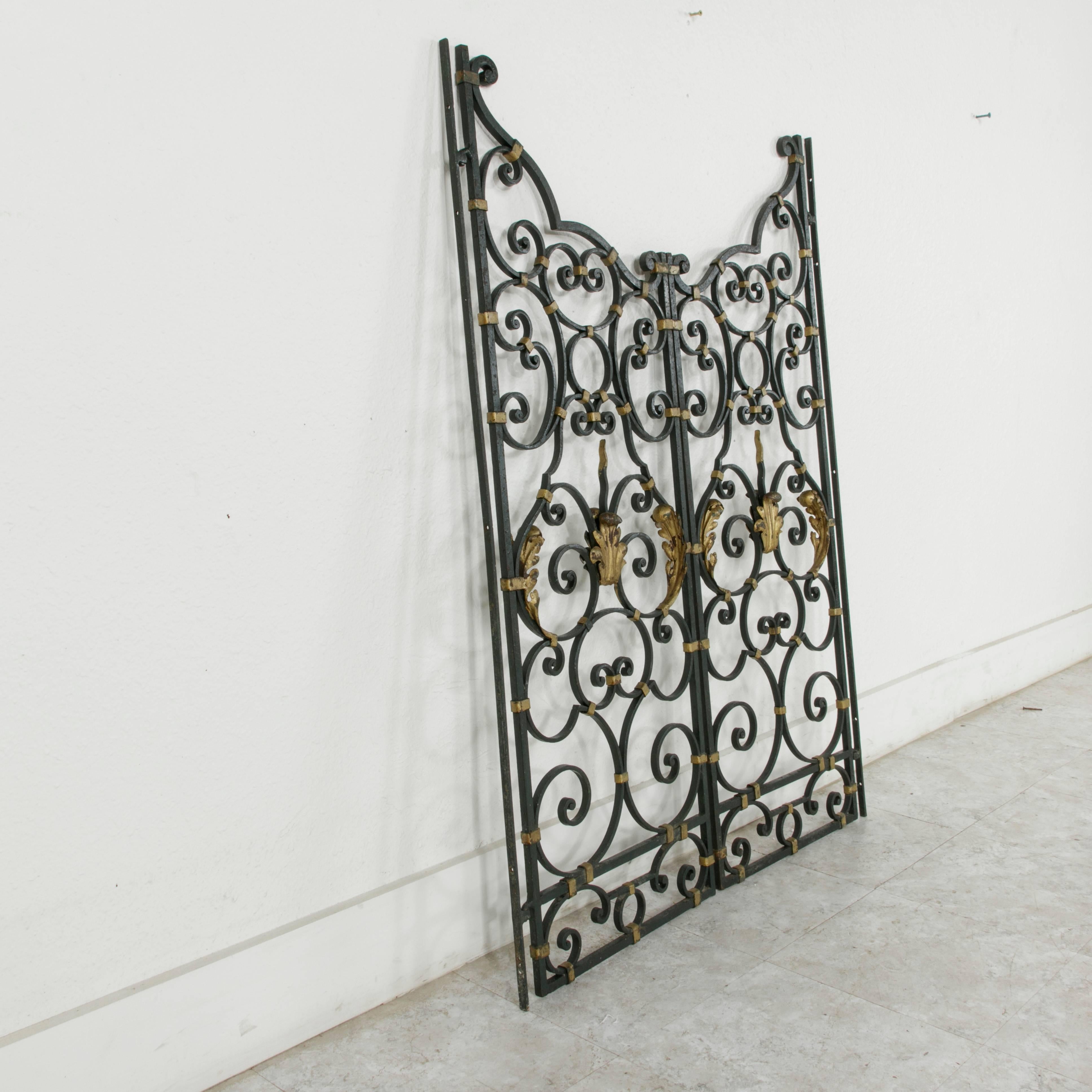 19th Century French Hand-Forged Double Faced Iron Gates Gold Detailing Acanthus 1