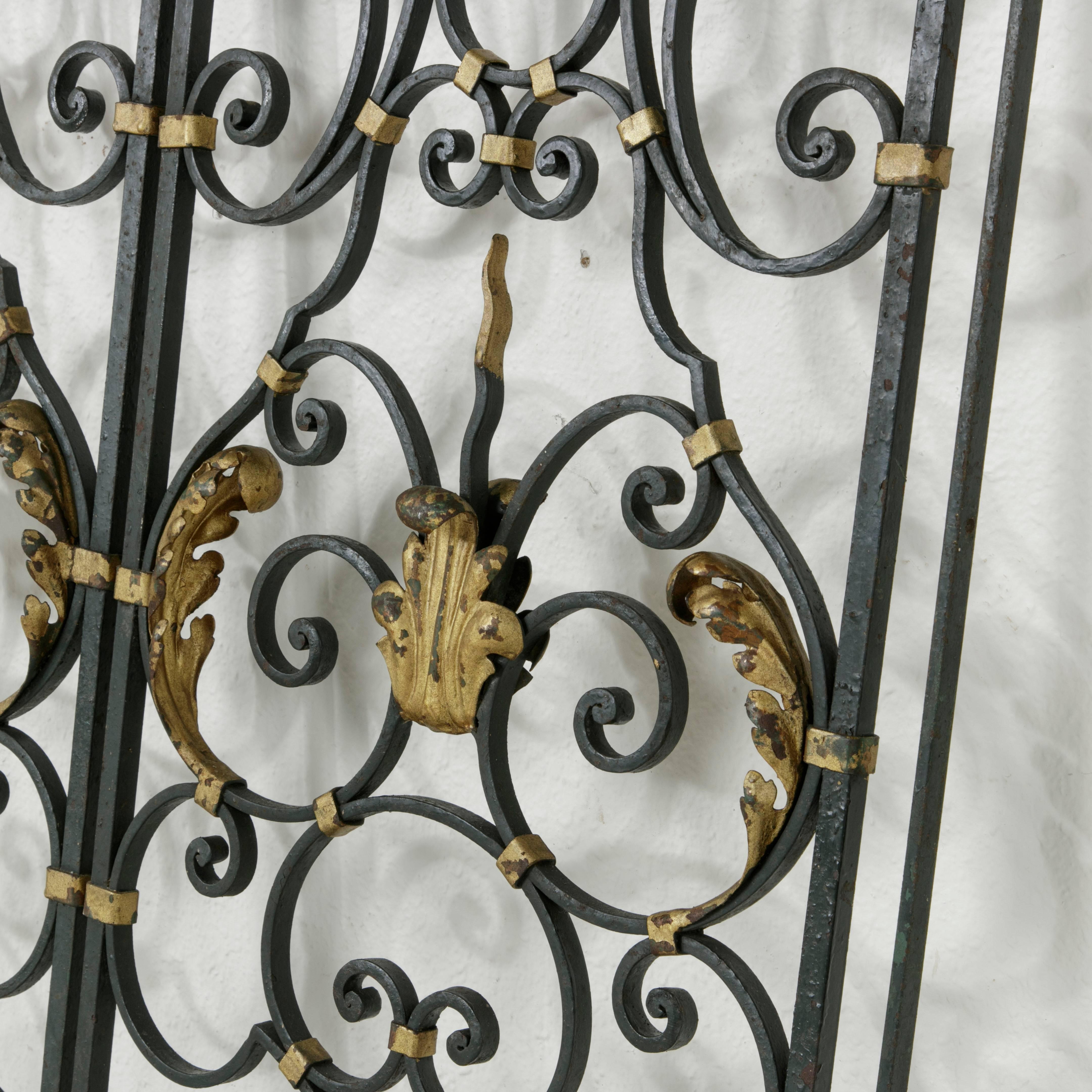 19th Century French Hand-Forged Double Faced Iron Gates Gold Detailing Acanthus 4
