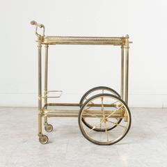 French Mid-Century Brass Bar Cart with Removable Glass Trays and Bottle Holder