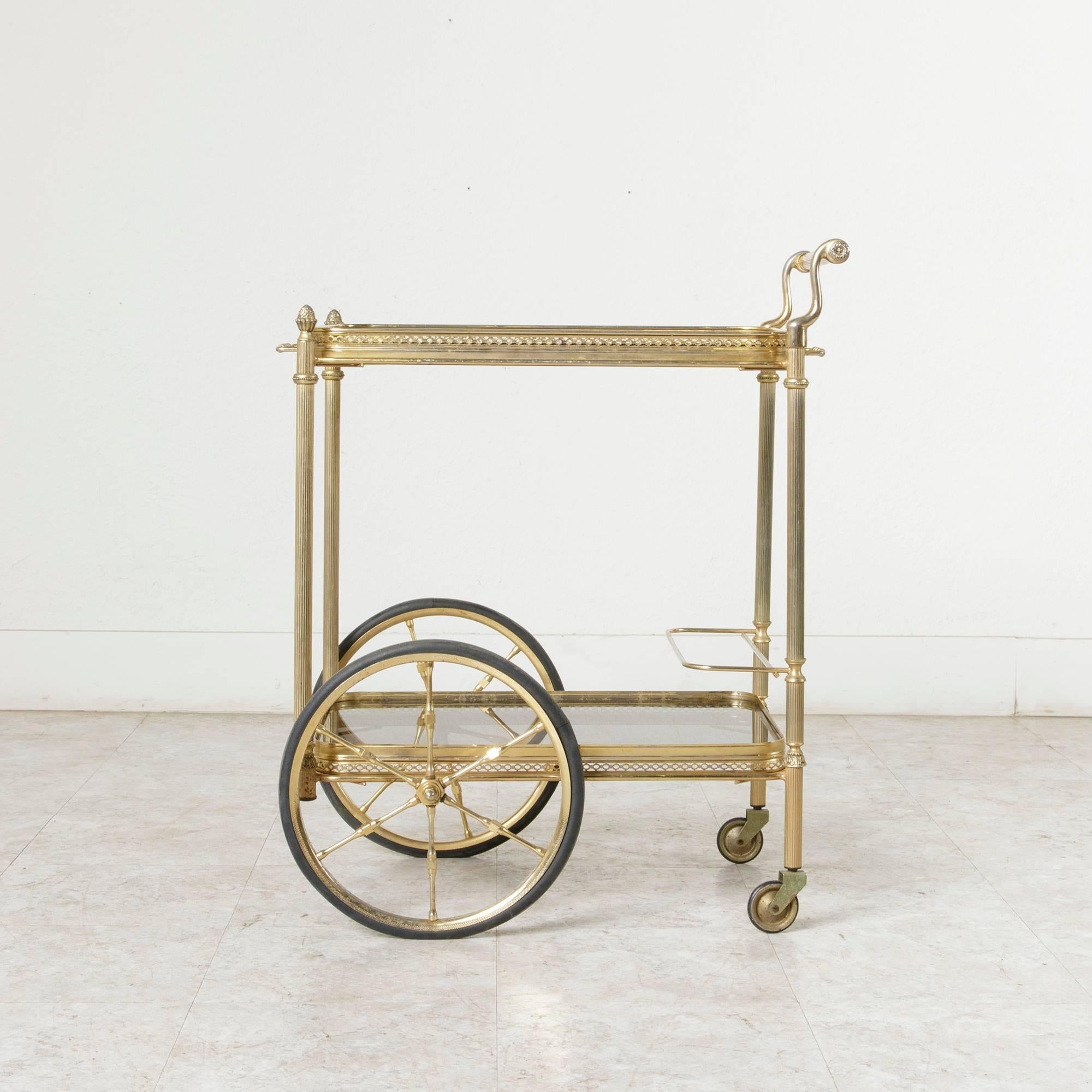 20th Century French Mid-Century Brass Bar Cart with Removable Glass Trays and Bottle Holder