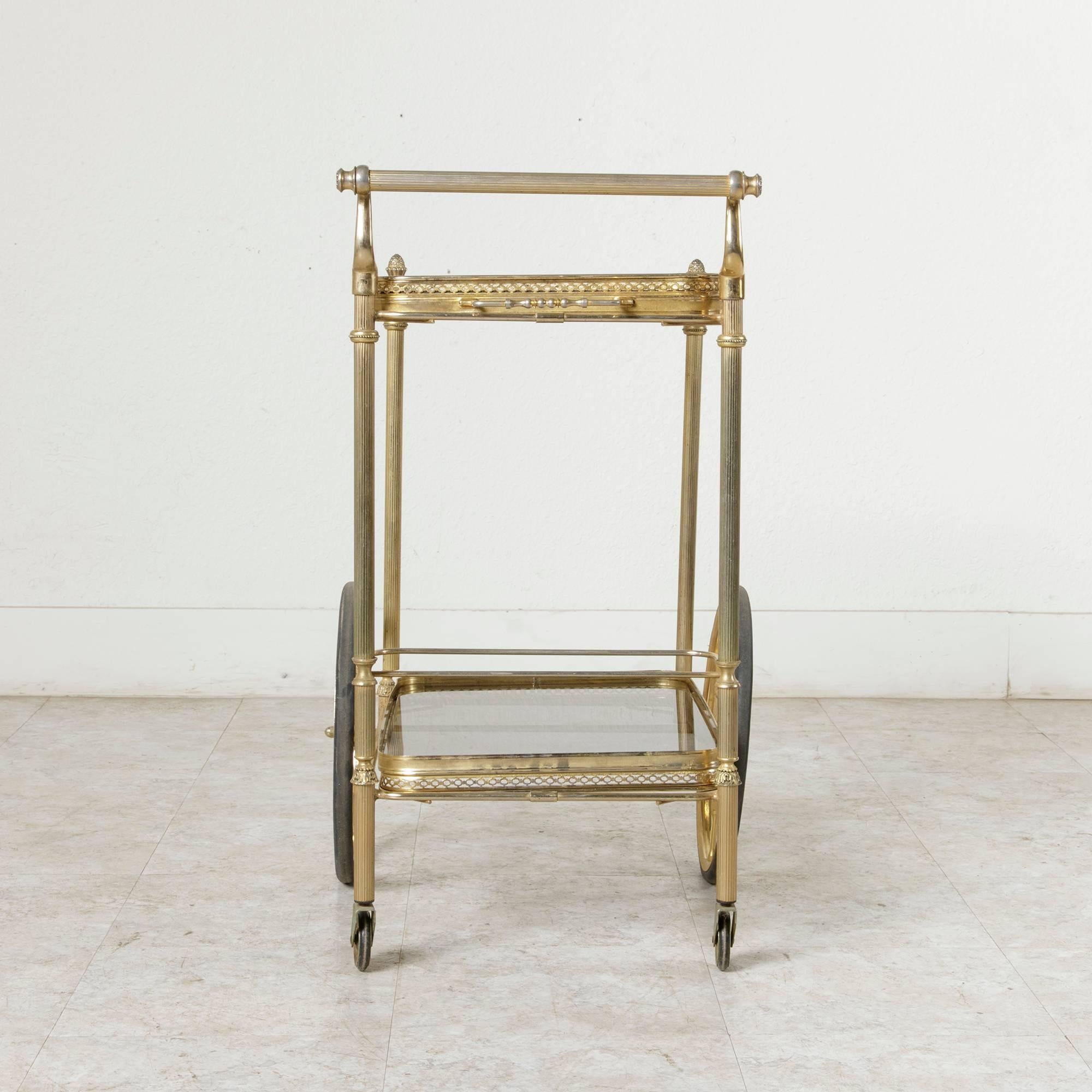 French Mid-Century Brass Bar Cart with Removable Glass Trays and Bottle Holder 1